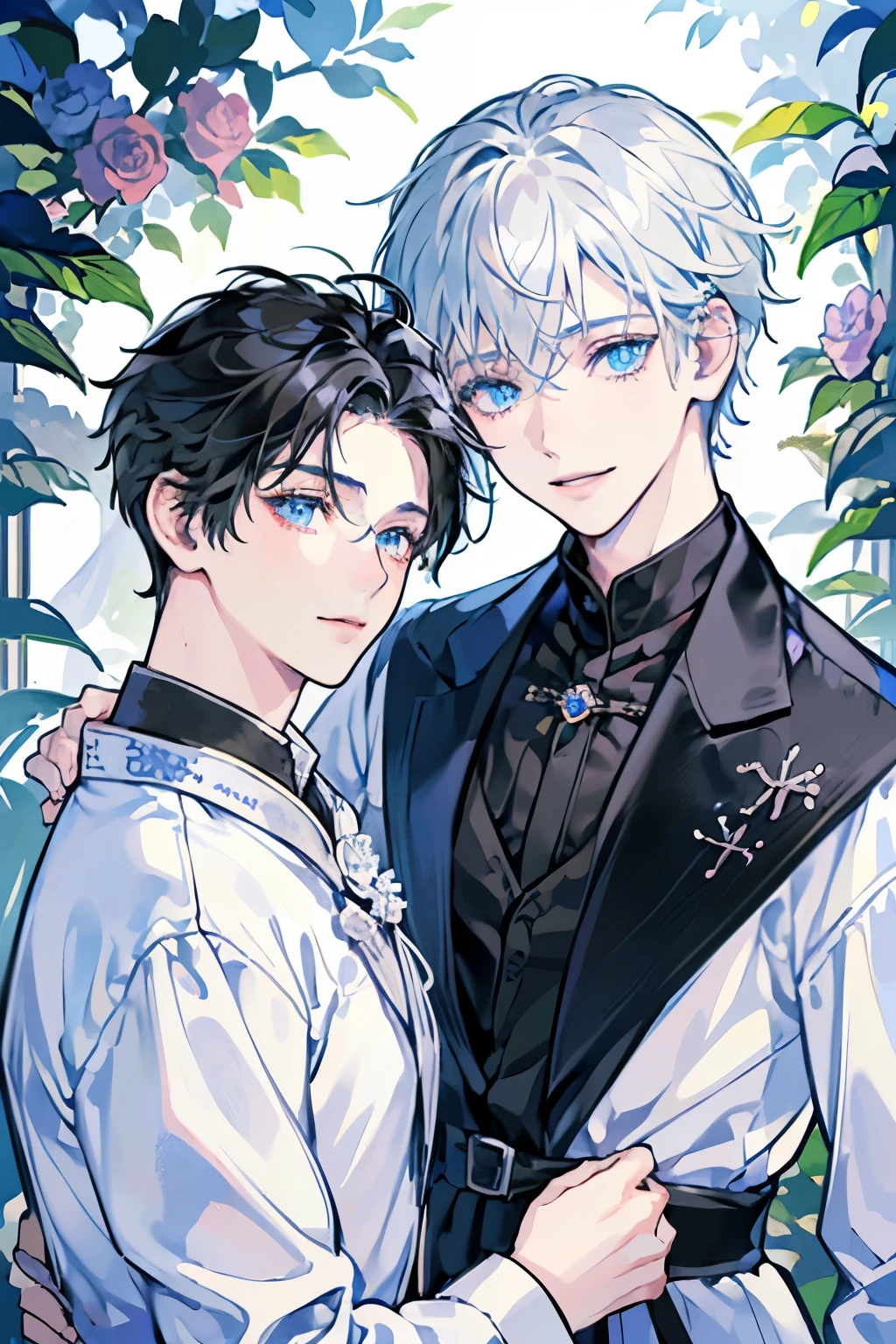 (masutepiece), (Best Quality), Highly detailed, (Two Boys:1.4), Focus,Perfect face, Beautiful face, extra detailed face,(blue eyess:1.3),florals,butterflys々,floralsびら,optic,(a smile:1.3),(Black-haired boy:1.4),(White-haired boy:1.4)