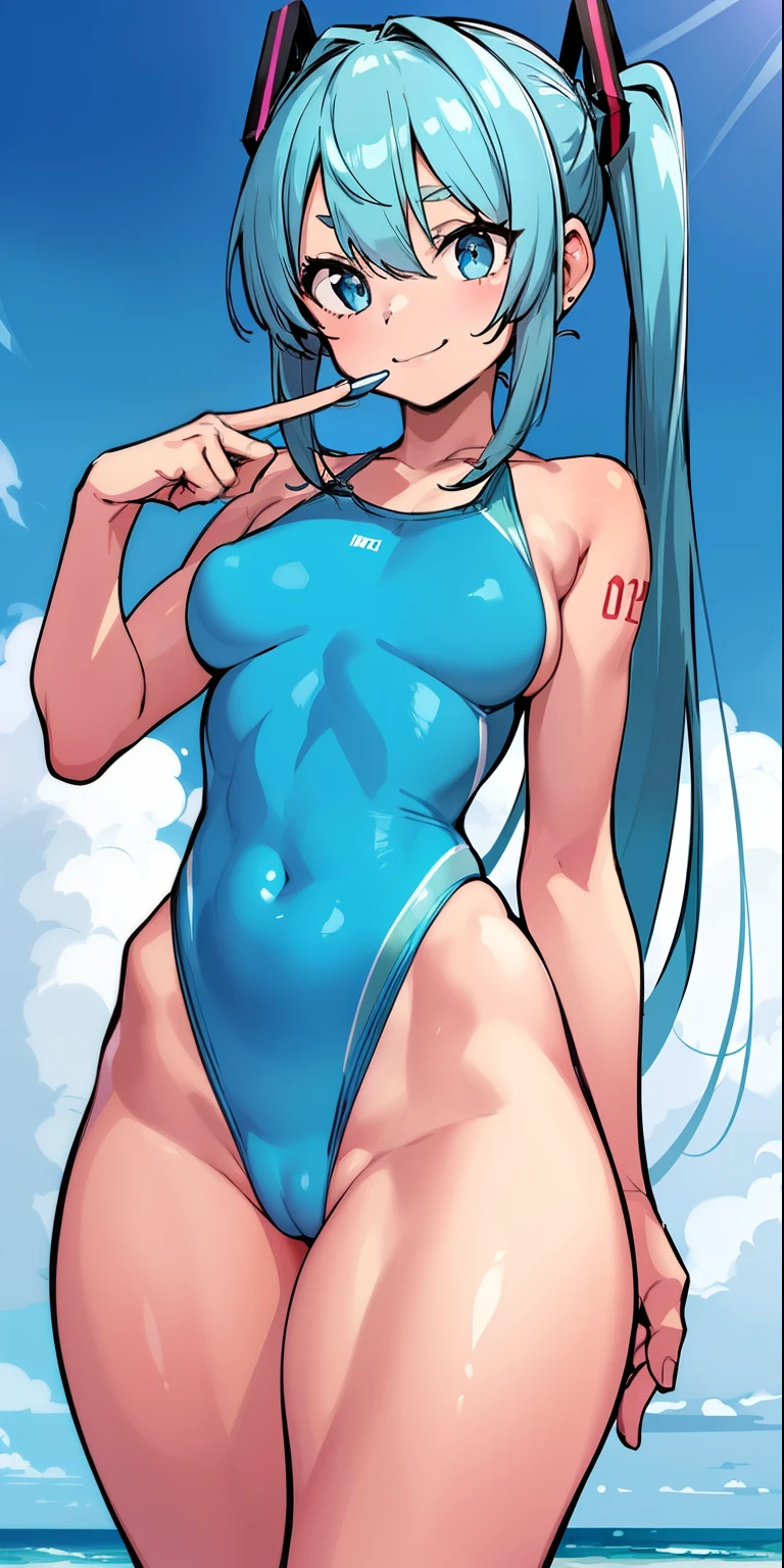 (master piece), (best quality), (4k definition), (anatomy; perfect), Hatsune Miku character, 1 girl, fair skin, blue eye, blue hair), (Locks, bangs), hair tied on both sides , (hair lighting effects), eyebrow, nose, ear, tight mouth, smile, (bright skintight swimsuit), thick legs, thick thighs, standing, backdrop, on the beach, beautiful day, lighting, looking at o Viewer