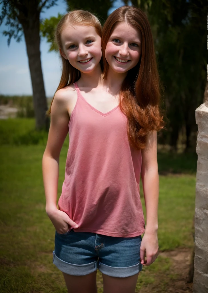 2heads, two headed girl, (a 12 year old girl and a 30 year old woman:1.5), (a brunette and a redhead:1.2)