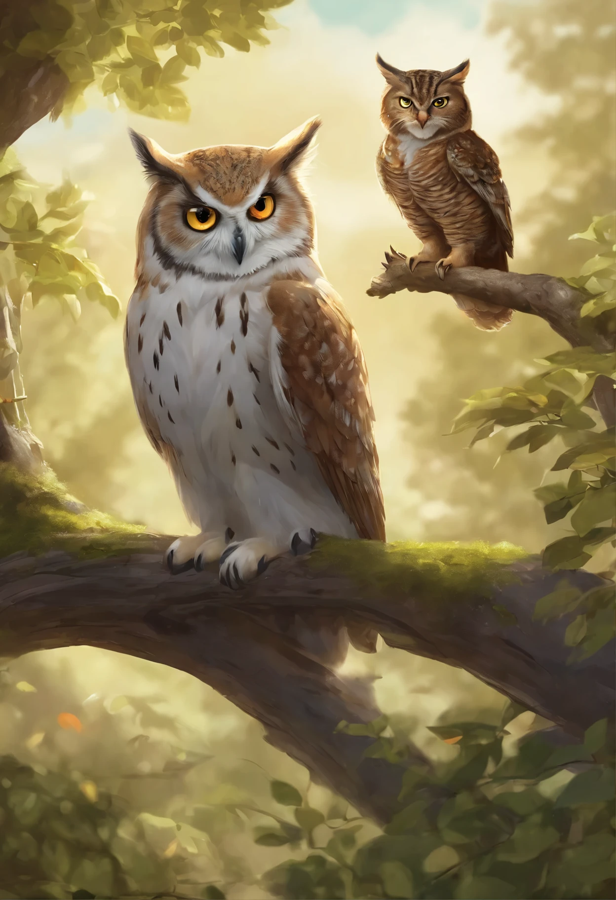 an owl sits on a tree branch+ Cat with a crown on his head, full art, furry fantasy art, detailed key anime art, 4k detailed digital art, detailed painting 4 k, Anthropomorphic owl+a cat, cute detailed digital art, high detail official illustrations, detailed digital anime art, fantasy card game art, Sora as an owl+ Cats, 4 thousand. Fantasy Details