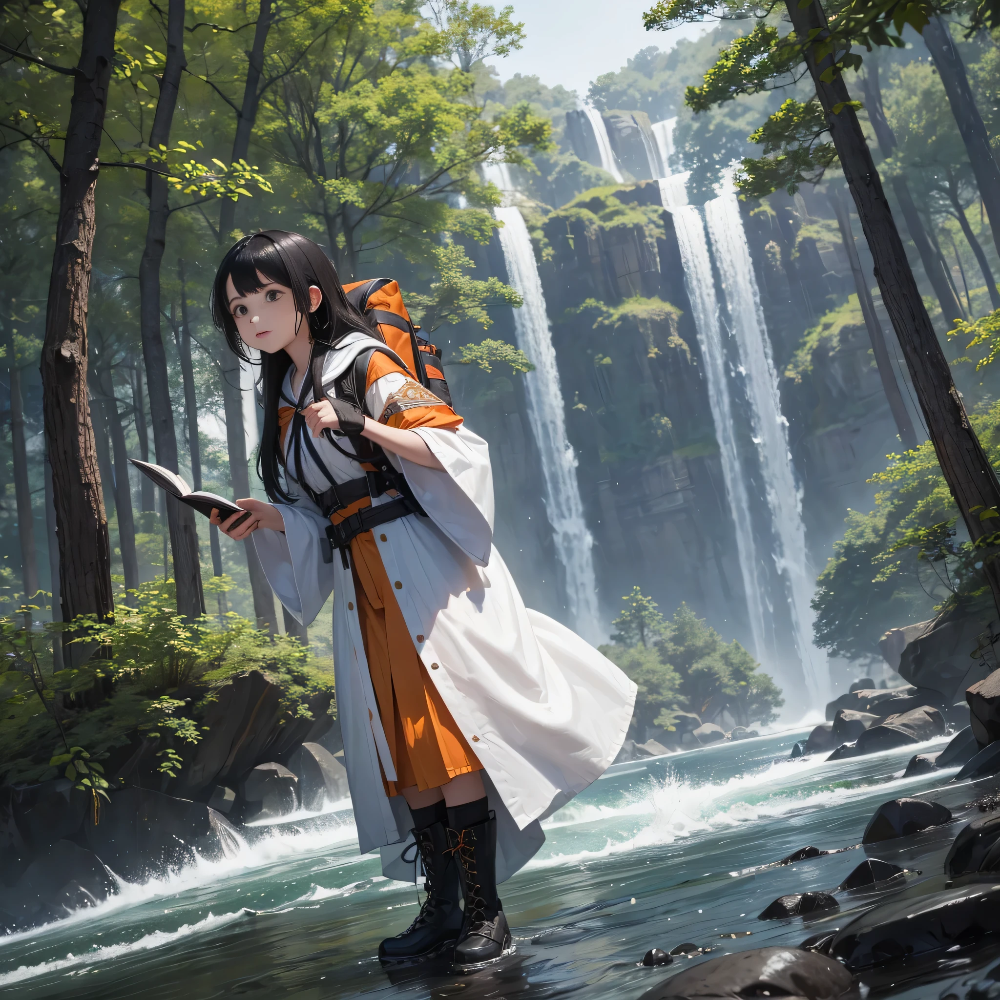 against the backdrop of forest and river, One young girl, stands in full growth, holds a magical grimoire in his right hand, dressed in a white robe with orange and blue patterns., Black Boots, On the back there is a black hiking backpack., Brown eyes, straight black hair,