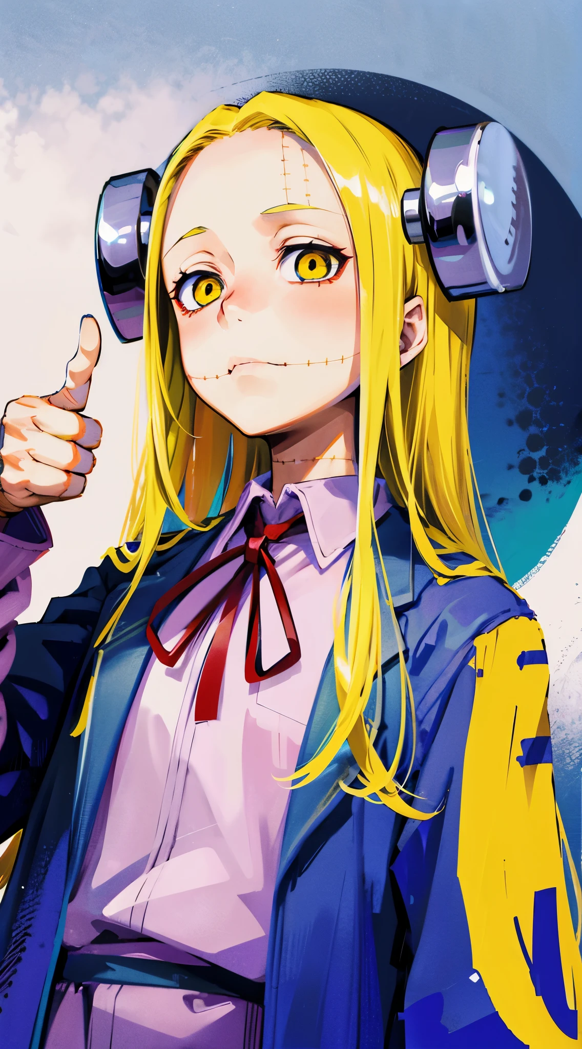 Madaraki_Fran,A  girl ,stands,awkward,the madhatter ,surgeon ,wrinkles,concerned,((thumbs up)), hairlong , yellow hair,seams , Scars on the body , A creepy look , scary eyes , An intimidating look , creepy smile , bags under eyes, ((((Tired))))