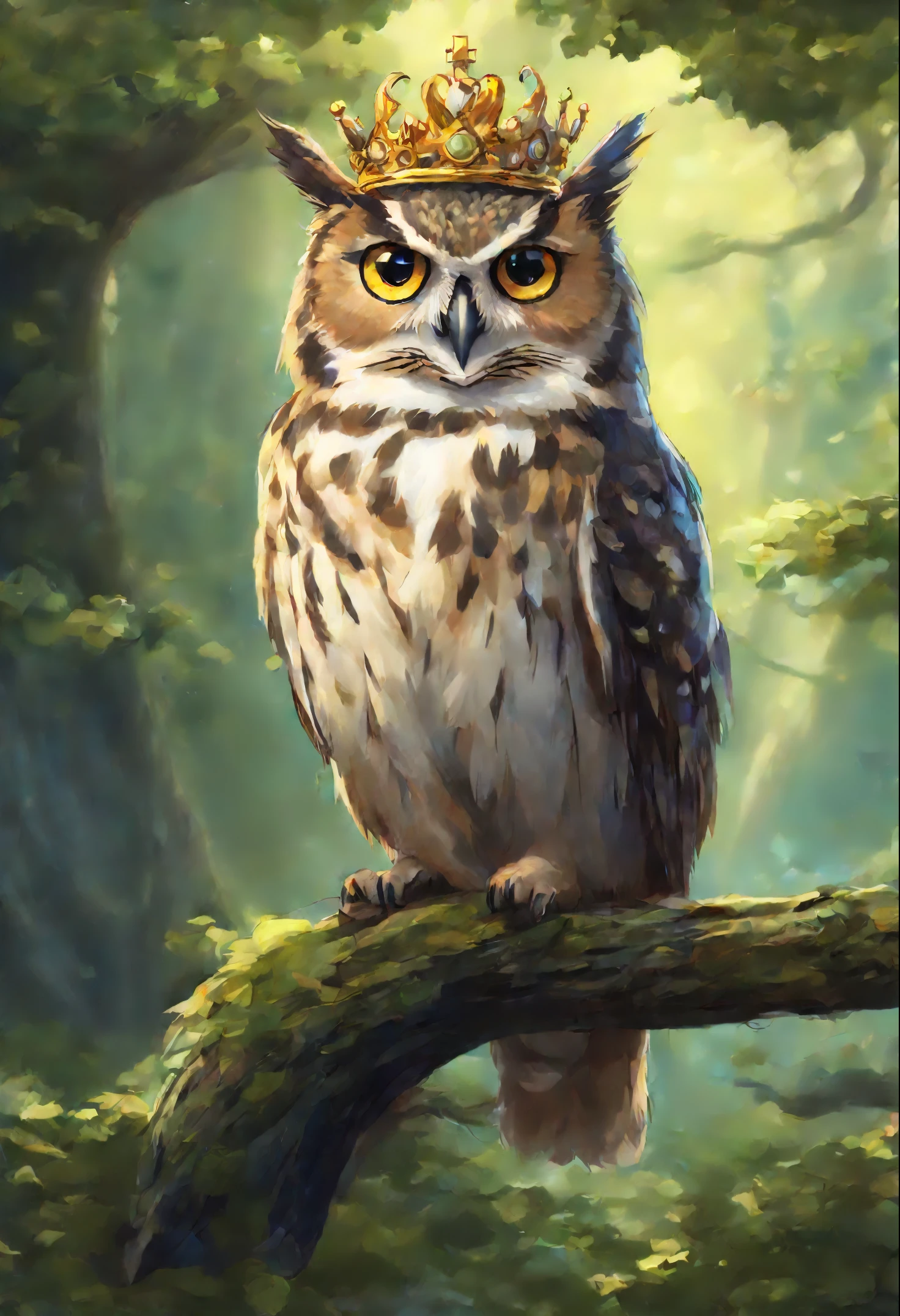 an owl sits on a tree branch+ Cat with a crown on his head, full art, furry fantasy art, detailed key anime art, 4k detailed digital art, detailed painting 4 k, Anthropomorphic owl+a cat, cute detailed digital art, high detail official illustrations, detailed digital anime art, fantasy card game art, Sora as an owl+ Cats, 4 thousand. Fantasy Details