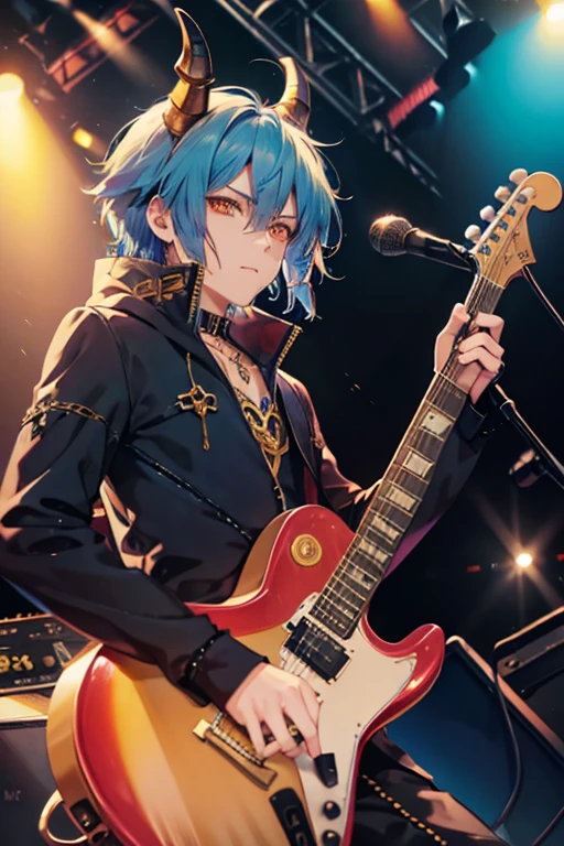 A blue haired handsome dragon man male rocker with golden eyes and golden horns is playing guitar on the stage