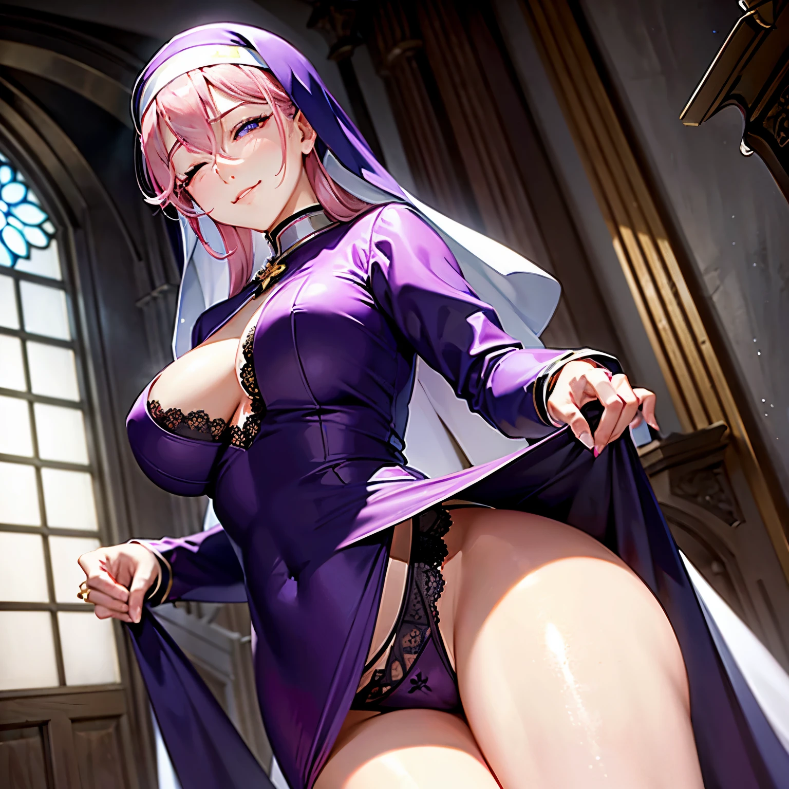 masterpiece,((top-quality)),8k wallpaper,((Female 1)),Pink hair,pink thin eyebrows,(((smirk))),(((closed eye:1.5))),Pink cheeks,((very detailed facial details)),Transcendent Beautiful Girl,Cultivated woman,((Dressed in a purple nun's costume)),Wearing a purple top with white frills on the collar,golden cross necklace,Good cosplay,Lift up the clothes you are wearing,穿いているBlack lace pantiesを披露,Black lace panties,Angle from below,up close shot,Bite,Italian Models,Clarice di Lanza from Arcana Heart 2,Clarice di Lanza cosplay,The background is a chapel,natta,Candlelight,The light of a candle illuminates her