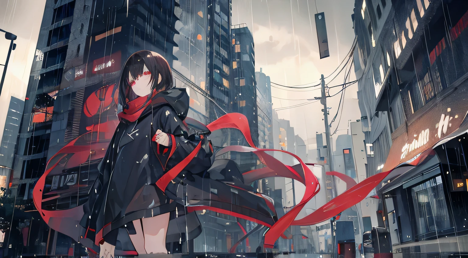 1 girl,natta,heavy rain poured,Manteau,guitar,black hair color hair,wine red eyeusy traffic on sky bridge,The feeling of loneliness,Hair is dull,vacant eyes,Wet hair,swoon,sad expressions,style of anime,in a panoramic view