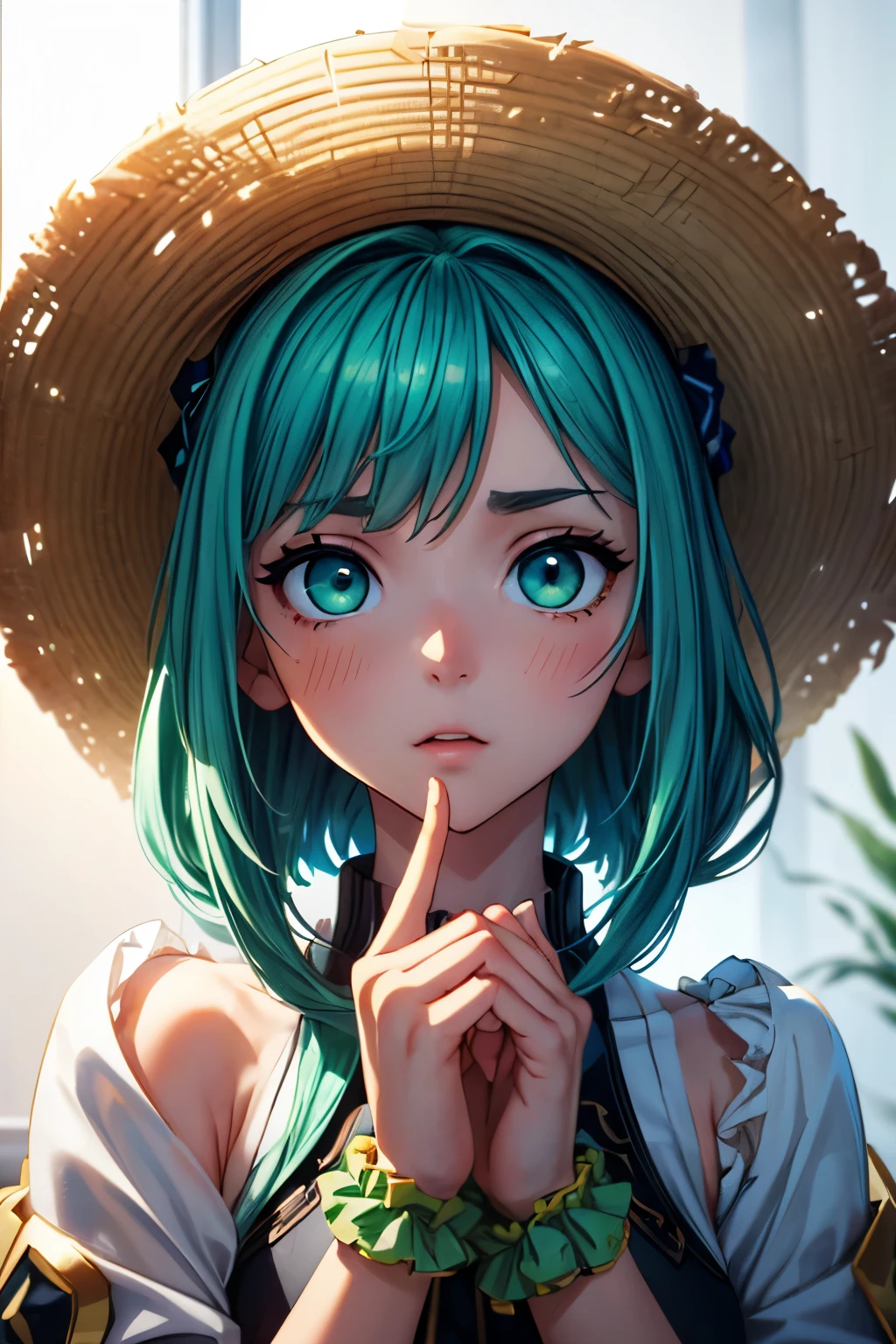 (One girl、Dressed in a dress and hat, girls' frontline, Midsummer themed costumes, multilayered outfit,Dressed, Mid summer、Soio、Top image quality, Transverse conveying，Half-length picture，largeeyes，eye closeup，（with short golden hair），（Green eyes），hair scrunchie，small thighest qualtiy， （stocklings，Elaborate Eyes, head looking up，Reasonable body structure，Young，Extremely detailed face, Perfect lighting, Extremely detailed CG, (Perfect hands, Perfect anatomy)