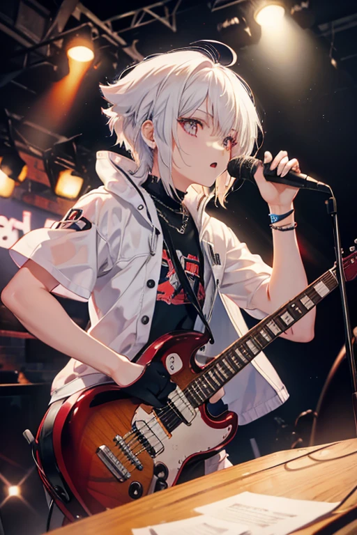 A white haired male rocker with ruby eyes  is playing guitar on the stage