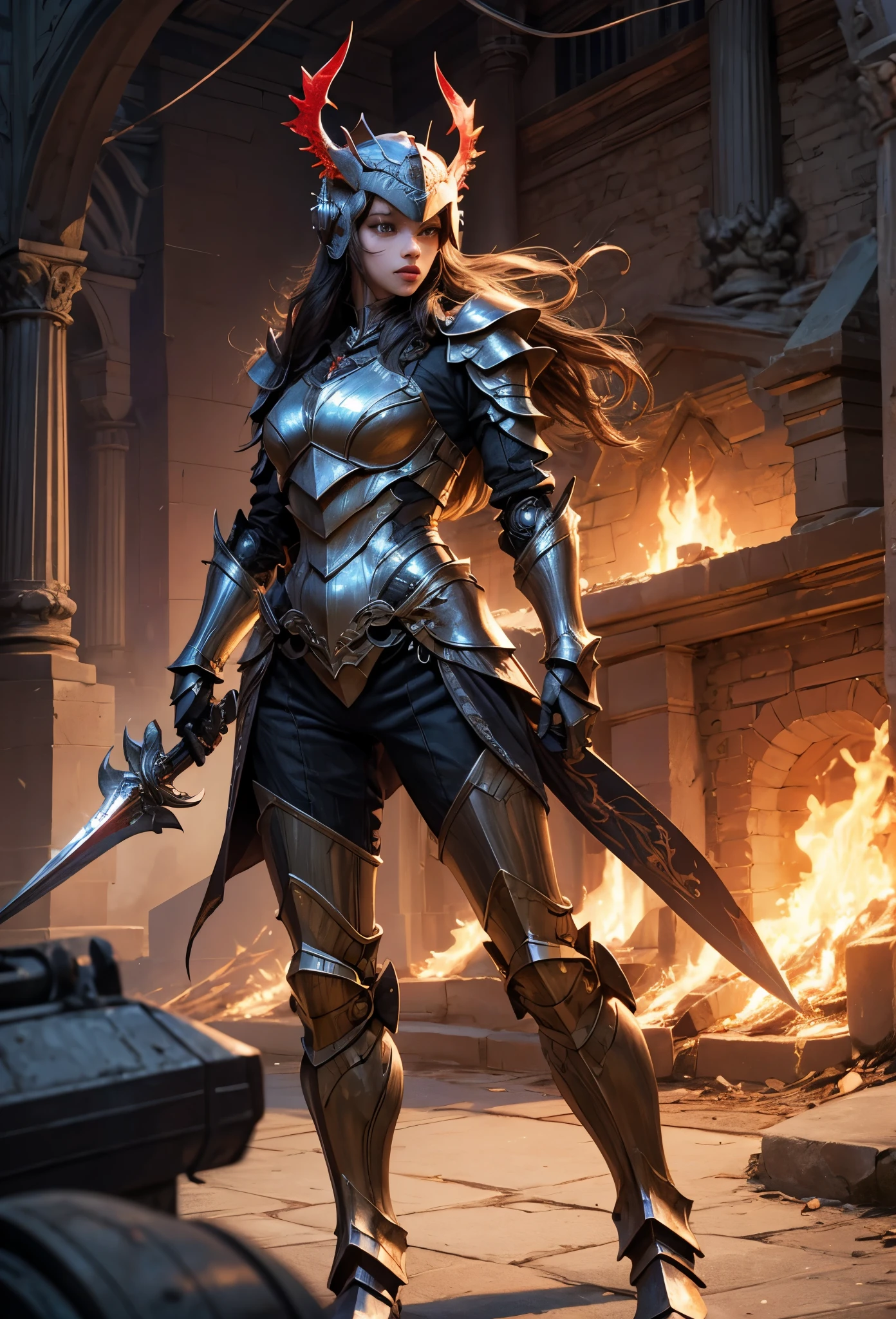 (Detailed illustrations,Very detailed and detailed drawing,Delicate lines with slow and rapid,Realistic texture expression),[Color tressed main line],(Fantasy World Battlefield Background [Burning castle]),((ROBOT GIRL) (red knight [[corinthian helmet]streamline][well-muscled])[WEAPON MACHINE[Princess Knight][[METALFACE]]]),[red dragon armor[scale]][[luxurious embroidered cloak]],[red dragon pattern],[use a sword as a weapon],[[Mobile Weapon Gigant Size][Science Fiction Mechanical]],((gorgeous shiny armor)),(Intricate and beautiful decoration [Dense detail]),[Transparency],[完璧な目のdetaileds (Iris beautifully drawn in every detail)[Jewel-like eyes]],[long and beautiful eyelashes],[Meticulously drawn hair [美しく艷やかな髪のdetaileds]],(完璧な手のdetaileds [Beautiful fingers without breakdowns [Beautiful nails]]),(Perfect Anatomy(Perfectly proportioned))[[Full body like]],[Ideal color coordination(Accurate simulation of light-material interactions)],([Precision Detail](detaileds,high-detail)),[Visual art that conveys a sense of narrative].