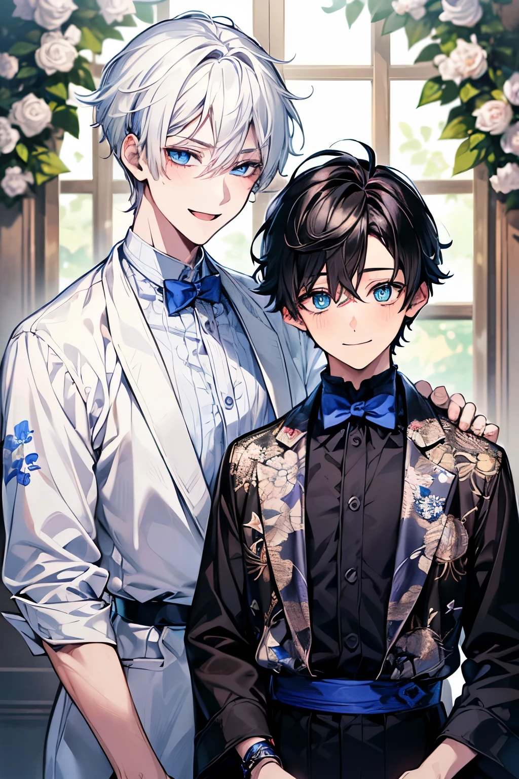 (masutepiece), (Best Quality), Highly detailed, (Two Boys:1.4), Focus，Perfect face, Beautiful face, extra detailed face，(blue eyess:1.3)，florals，butterflys々，floralsびら，optic，(a smile:1.3)，(Black-haired boy:1.4)，(White-haired boy:1.4)