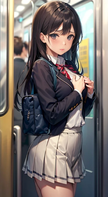 grasp,
High school girl grabbed by the buttocks on the train,
School uniform, Pleated skirt,
Beautiful One Girl,
3 Male,
(電車内で女の子のお尻をgrasp痴漢,
Man grabbing girl's chest on train,