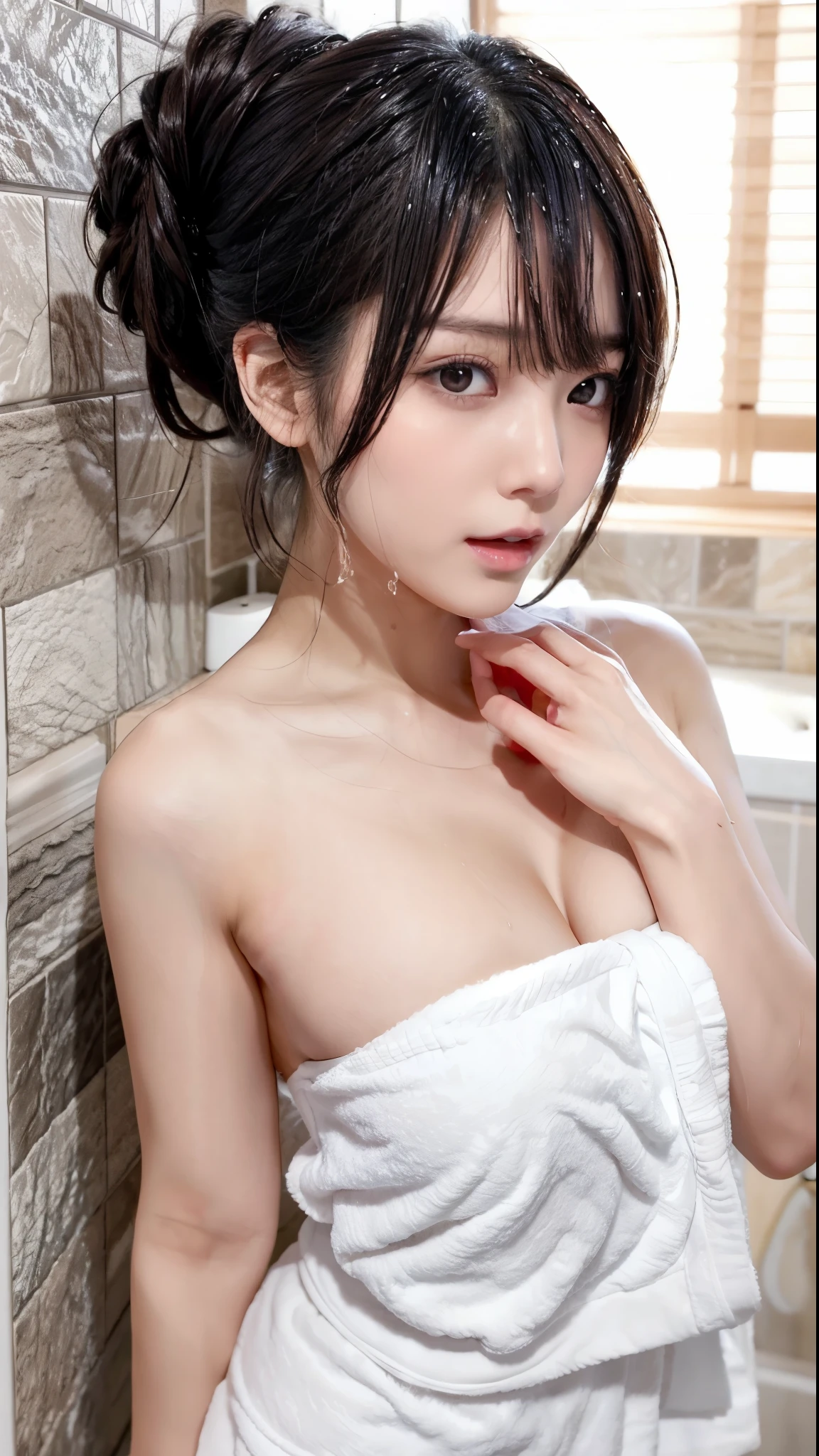 ulzzang -6500-v1.1, masutepiece, Best Quality, hight resolution, 1girl in, Japanese,Dark hair,half updo,(aftershower,team, wrapped in a towel is posing ,woman getting out of the shower wet and naked:1.1),(Surprised:1.6),(Open mouth:1.1),POV,Looking at Viewer,Nipples,Upper body