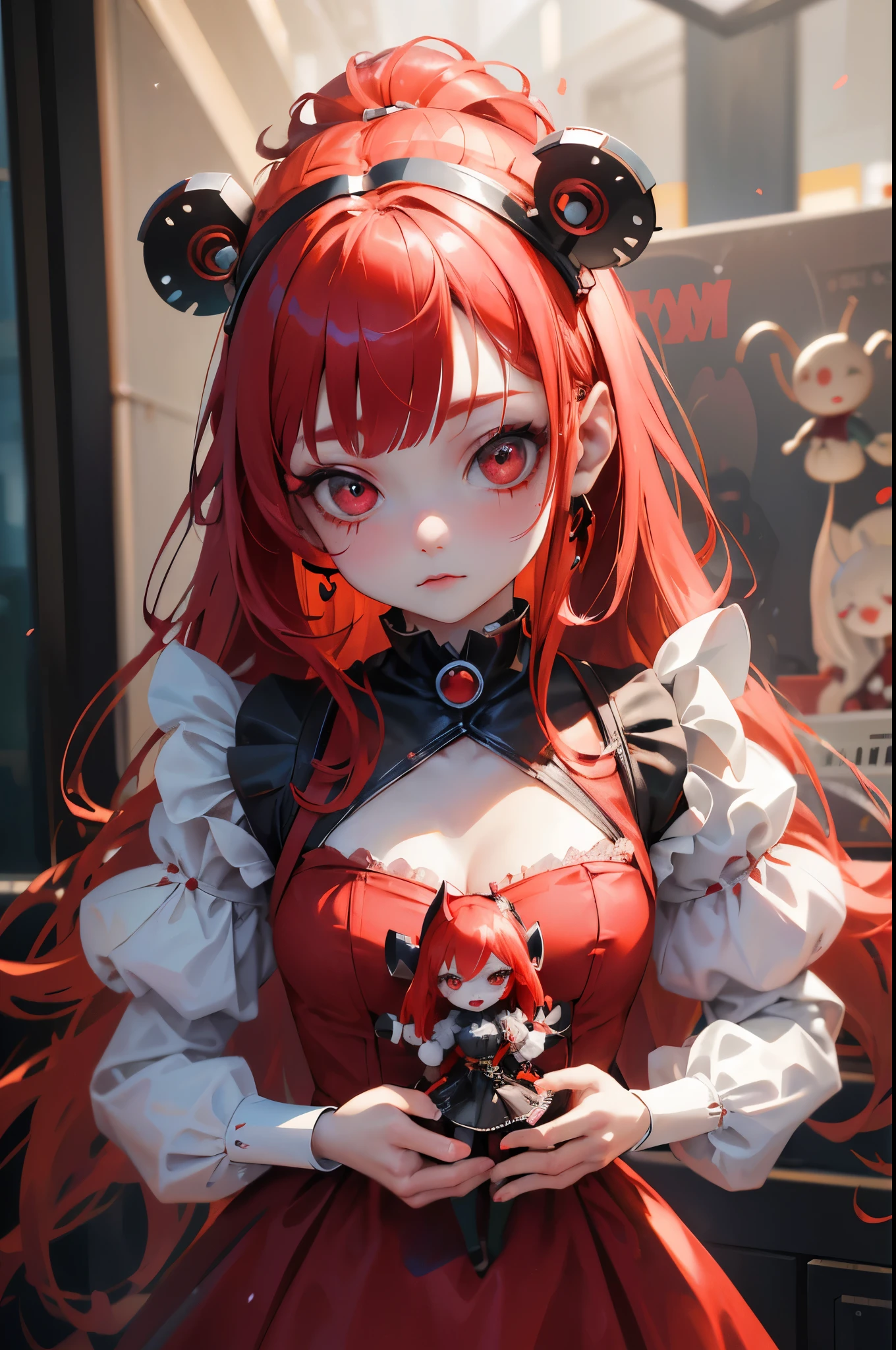there is a doll with red hair and a red dress, the mekanik doll, cutecore clowncore, dollpunk, y 2 k cutecore clowncore, goth clown girl, porcelain cyborg, alice in wonderland cyberpunk, ball jointed doll, cute cyborg girl, [ trending on cgsociety ]!!, creepy clown girl, cgsociety contest winner!!