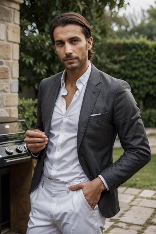 c'est un homme de 30 ans, Dark brown, moitier francais, moitier d'origine orientale, les yeux vert, le regard profond, It's a casual barbeque on the waist, il a les cheveux court avec un peu de longeur sur le dessus, de tres belle dents blanche c'est un homme d'affaire, il est mister monde, influenceur et createur de contenu, il est tres chic, habillé a la mode, tres smart et casual
