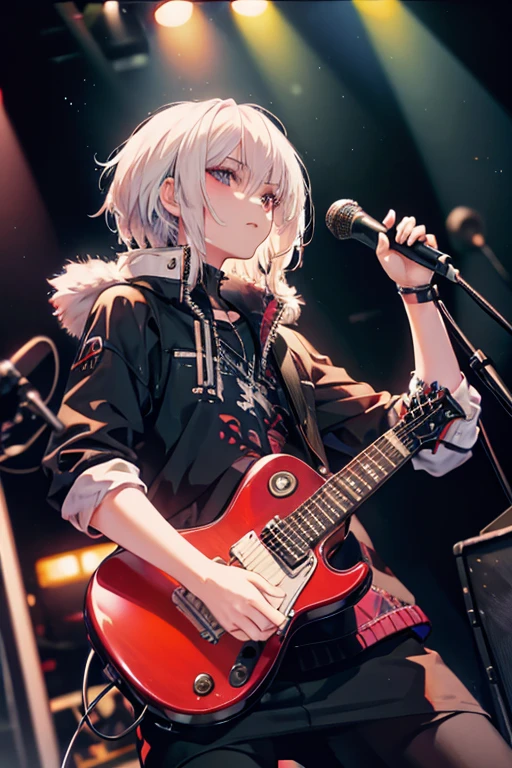 A white haired male rocker with ruby eyes is playing guitar on the stage