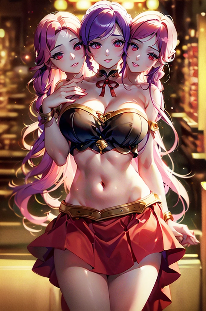 (masterpiece, best quality), (3heads:1.5), 1girl, (yasaka kanako:1.3), masterpiece, best quality, red top, crop top, ((stomach)), midriff, ((groin)), red skirt, normal ears, shackles, purple hair, very long hair, wavy hair, sidelocks, red eyes, parted lips, single horn, sweat, cute, toned belly, hand on own chest, eyelashes, (20 year old woman:1.3), (masterpiece:1.4), (best quality:1.4), (beautiful detailed extremely detailed CG, extremely delicate and beautiful, depth of field, (finely detailed face), (perfect details:1.0), (mature female:1.3), wide pelvis, slender, large veiny breast, 8k resolution, high quality, high definition, extremely detailed, masterpiece, best quality, purple hair, long hair, alluring presence, braid, short skirt, close up, big tits, young, red ribbon,