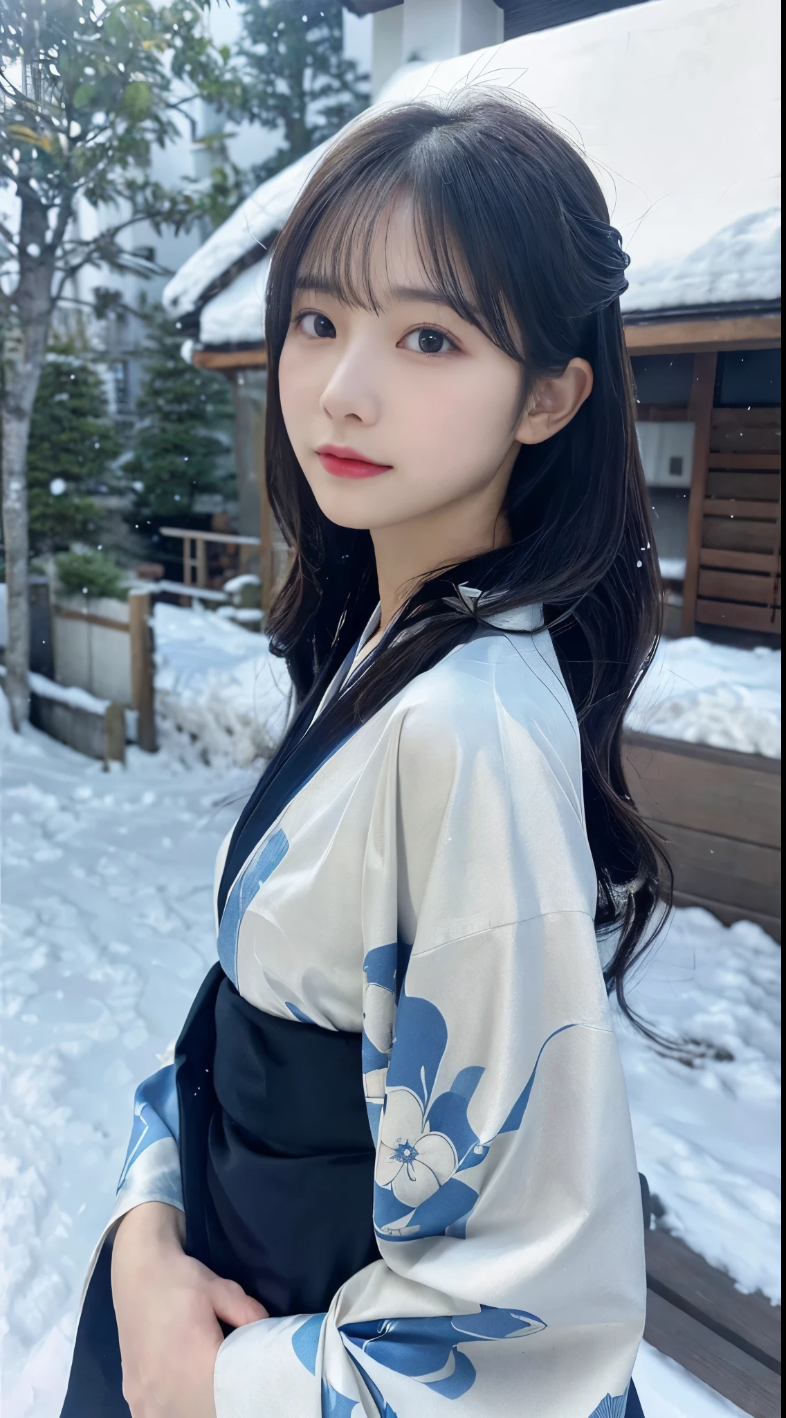 (Kimono)、、(top-quality,masterpiece:1.3,超A high resolution,),(ultra-detailliert,Caustics),(Photorealsitic:1.4,RAW shooting,)Ultra-realistic capture,A highly detailed,high-definition16Kfor human skin、 Skin texture is natural、、The skin looks healthy with an even tone, đùi, Use natural light and color,One Woman,japanes,,kawaii,A dark-haired,Middle hair,(depth of fields、chromatic abberation、、Wide range of lighting、Natural Shading、)、、(Falling snow:1.2)、(Hair swaying in the wind:1.2)、(Snow reflects light:1.2)、back lighting