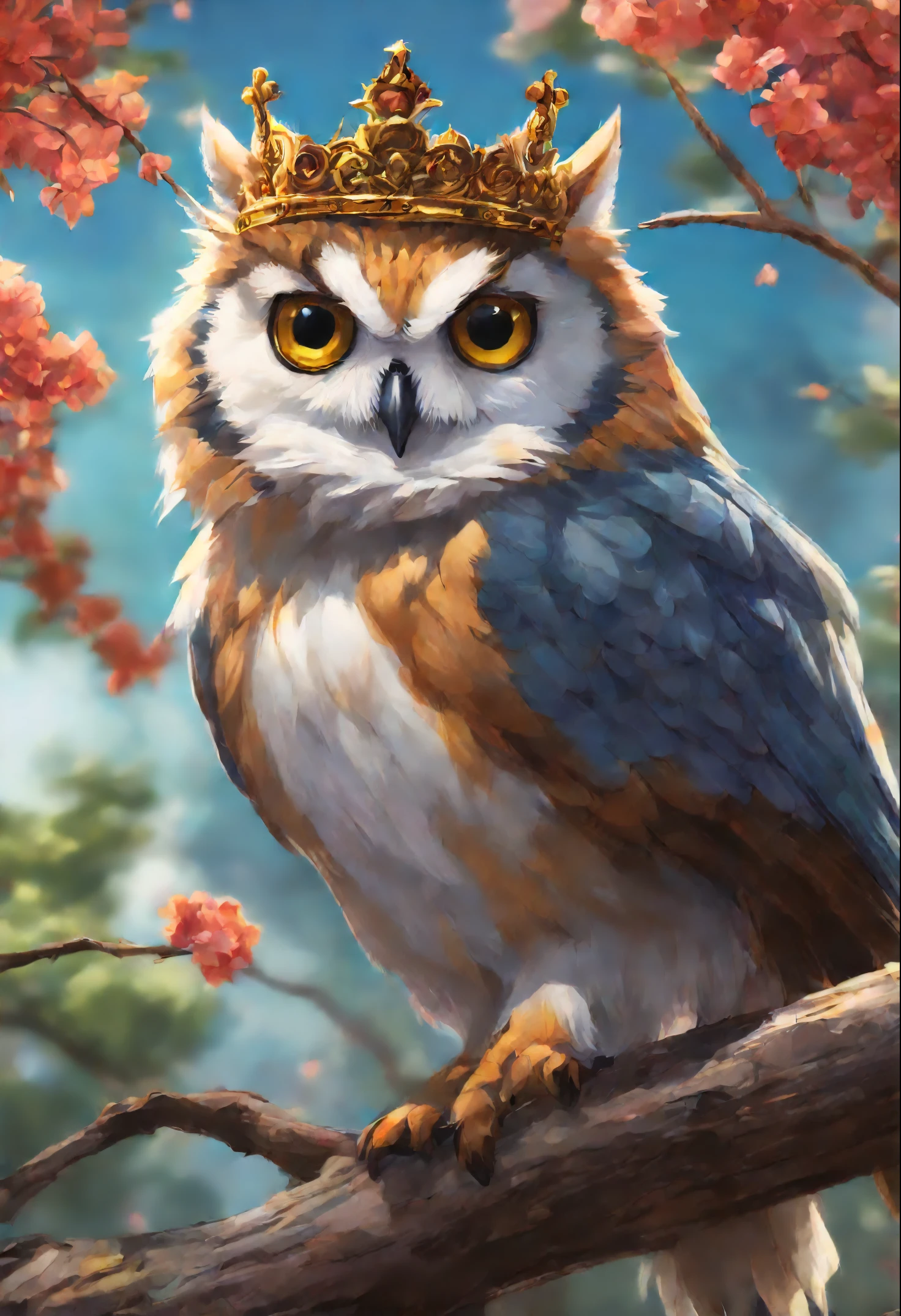 an owl sits on a tree branch+ Cat with a crown on his head, full art, furry fantasy art, detailed key anime art, 4k detailed digital art, detailed painting 4 k, Anthropomorphic owl+a cat, cute detailed digital art, high detail official illustrations, detailed digital anime art, fantasy card game art, Sora as an owl+ Cats, 4 thousand. Fantasy Details