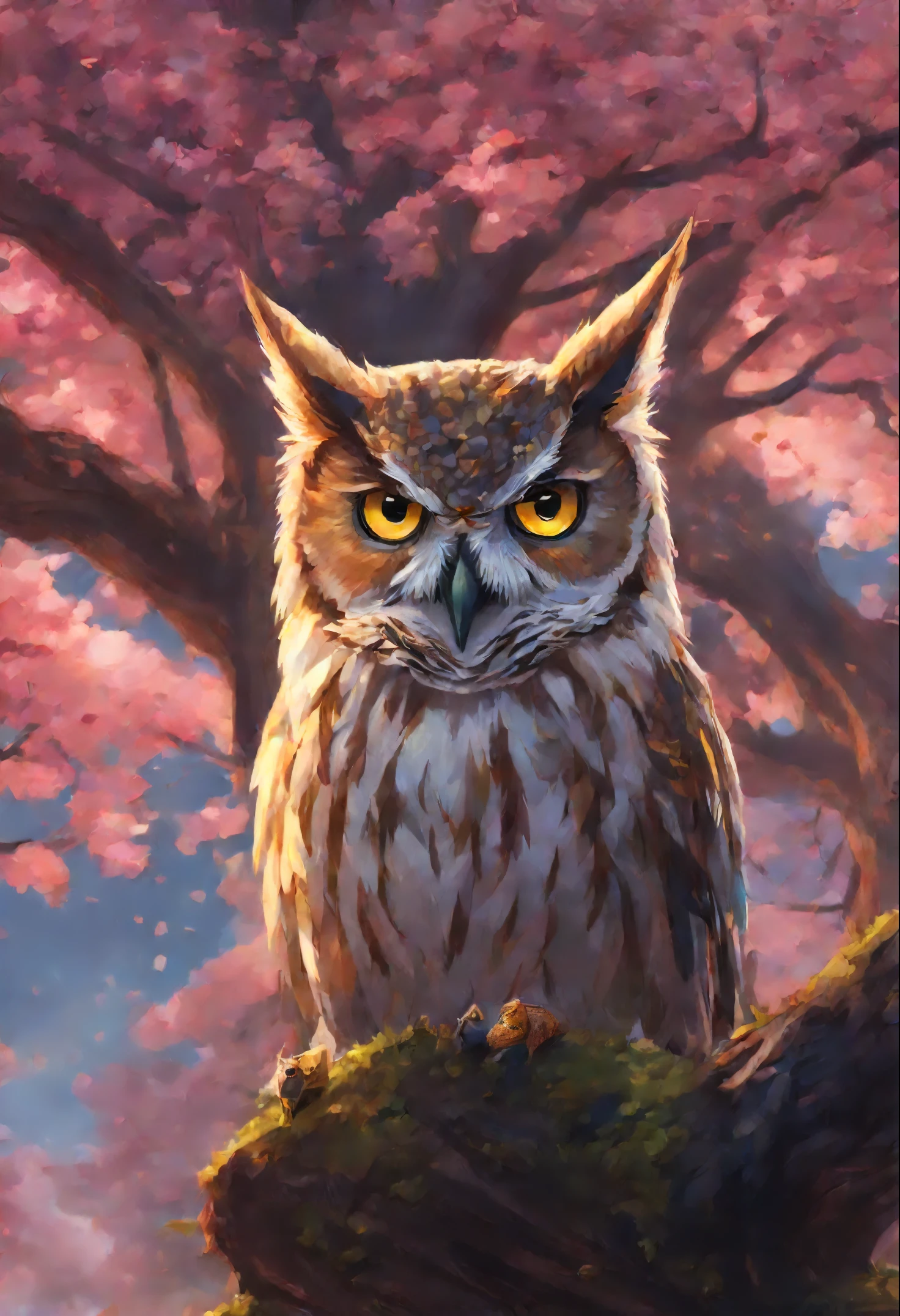 an owl sits on a tree branch+ Cat with a crown on his head, full art, furry fantasy art, detailed key anime art, 4k detailed digital art, detailed painting 4 k, Anthropomorphic owl+a cat, cute detailed digital art, high detail official illustrations, detailed digital anime art, fantasy card game art, Sora as an owl+ Cats, 4 thousand. Fantasy Details