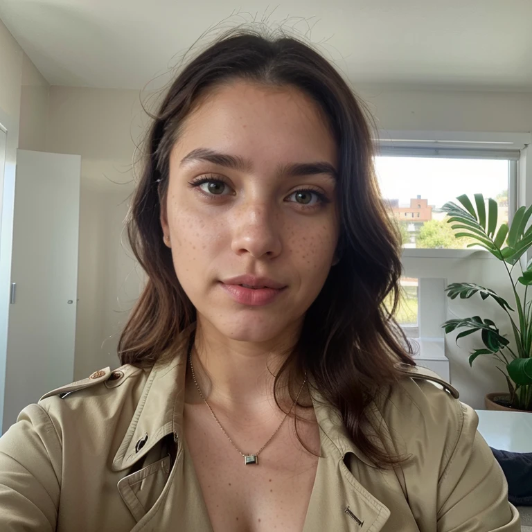 23-year-old hyper-realistic Latin girl with freckles, mood selfie for instagram, Ultra Definition, (photoreallistic: 1.4), 8k, calidad premier, fondos detallados, cara delicada, maquillaje natural, foto raw, iphone, HDR, Coqueteando con el espectador, trench coat