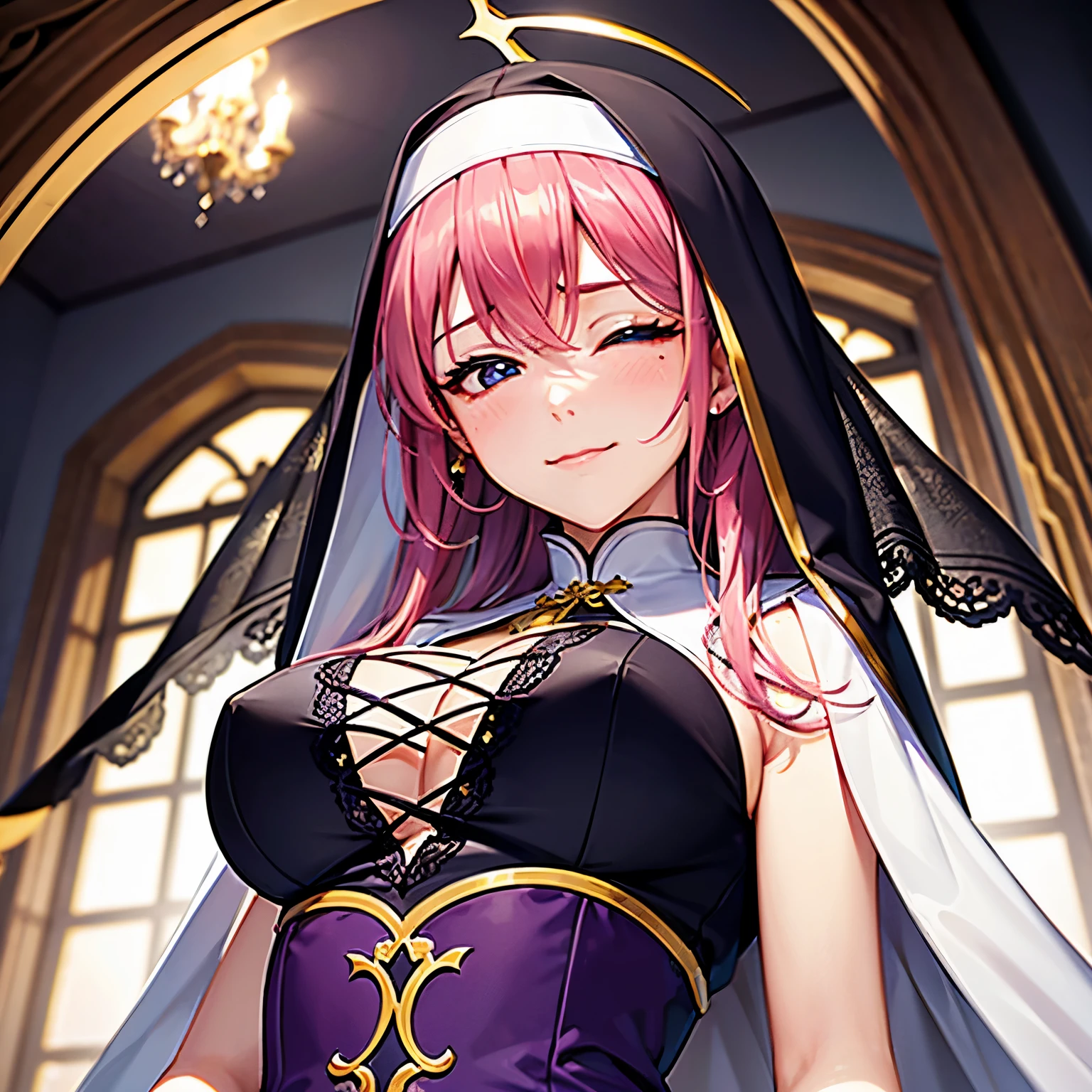 masterpiece,((top-quality)),8k wallpaper,((Female 1)),Pink hair,pink thin eyebrows,(((smirk))),(((closed eye:1.5))),Pink cheeks,((very detailed facial details)),Transcendent Beautiful Girl,Cultivated woman,((Dressed in a purple nun's costume)),Wearing a purple top with white frills on the collar,golden cross necklace,Good cosplay,Lift up the clothes you are wearing,穿いているBlack lace pantiesを披露,Black lace panties,Angle from below,up close shot,Bite,Italian Models,Clarice di Lanza from Arcana Heart 2,Clarice di Lanza cosplay,The background is a chapel,natta,Candlelight,The light of a candle illuminates her