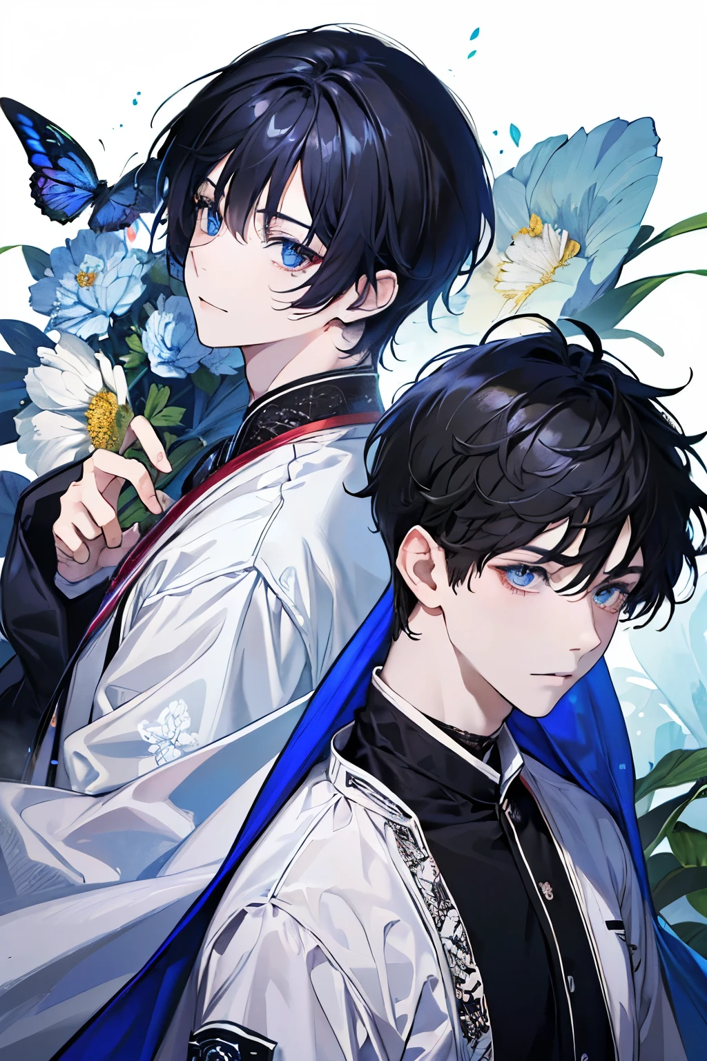 (masutepiece), (Best Quality), Highly detailed, (Two Boys:1.4), Focus,Perfect face, Beautiful face, extra detailed face,(blue eyess:1.3),florals,butterflys々,floralsびら,optic,(a smile:1.3),(Black-haired boy:1.4),(White-haired boy:1.4)
