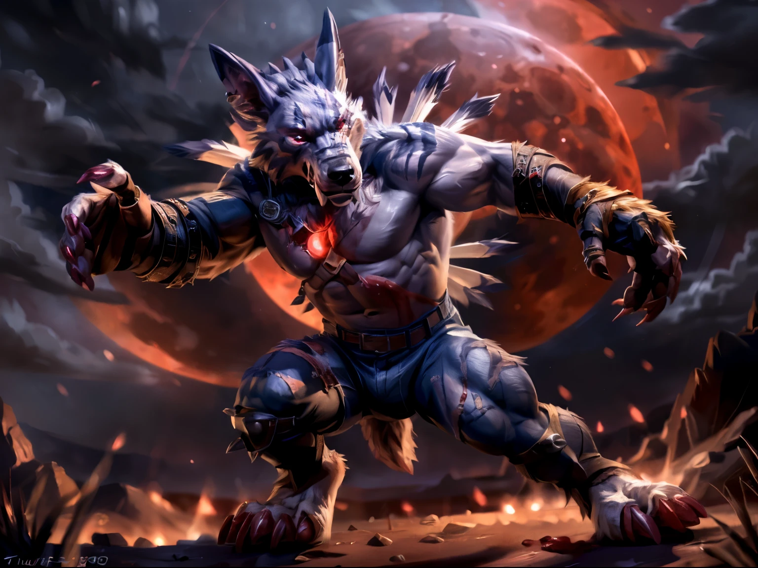 Weregarurumon, (red lighting, dramatic lighting:1.2), (baring fangs:1.2), beastly pose, action pose, legs spread. 4k, high resolution, best quality, perfect colors, perfect shadows, perfect lighting, posted on e621, furry body, solo, male, , masculine, (very muscular, buff, heavyweight, strong chest:1.3), (veins, vascular:1.3), correct anatomy, (photorealistic fur, detailed fur, epic, masterpiece:1.2), (dark fantasy background, night), (blood moon:1.3), (by Taran Fiddler, by Chunie, by Traver009, by wfa:1.1), (large wolf feet, large hands, cartoony proportions:1.3), (detailed eyes, red eyes, glowing eyes:1.2), (full body:1.5), strong posture, strong shadows, gruff