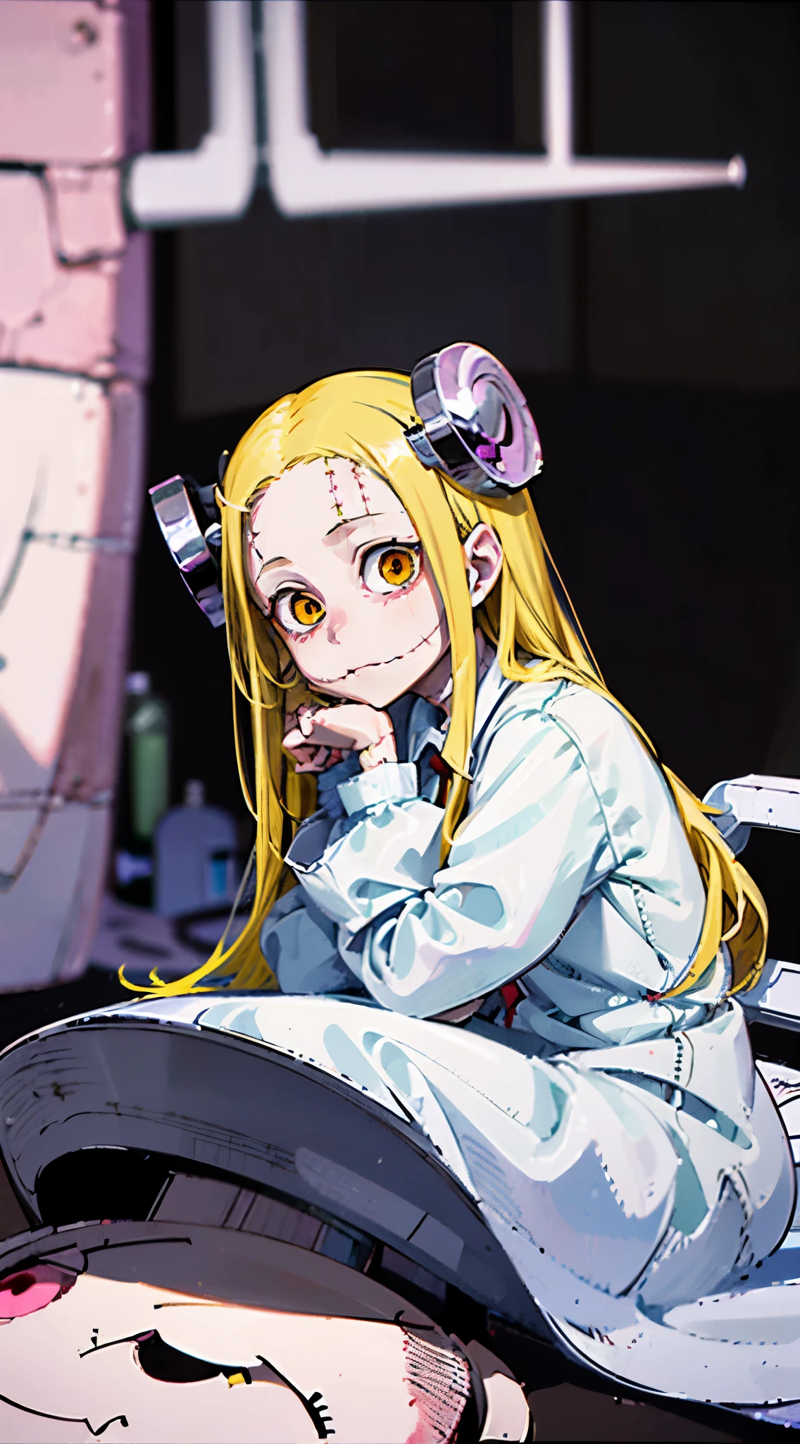 Madaraki_Fran,A girl ,stands,awkward,the madhatter ,surgeon ,wrinkles,concerned,((Points Forward)), hairlong , yellow hair,seams , Scars on the body , A creepy look , scary eyes , An intimidating look , creepy smile , bags under eyes, ((((Tired))))