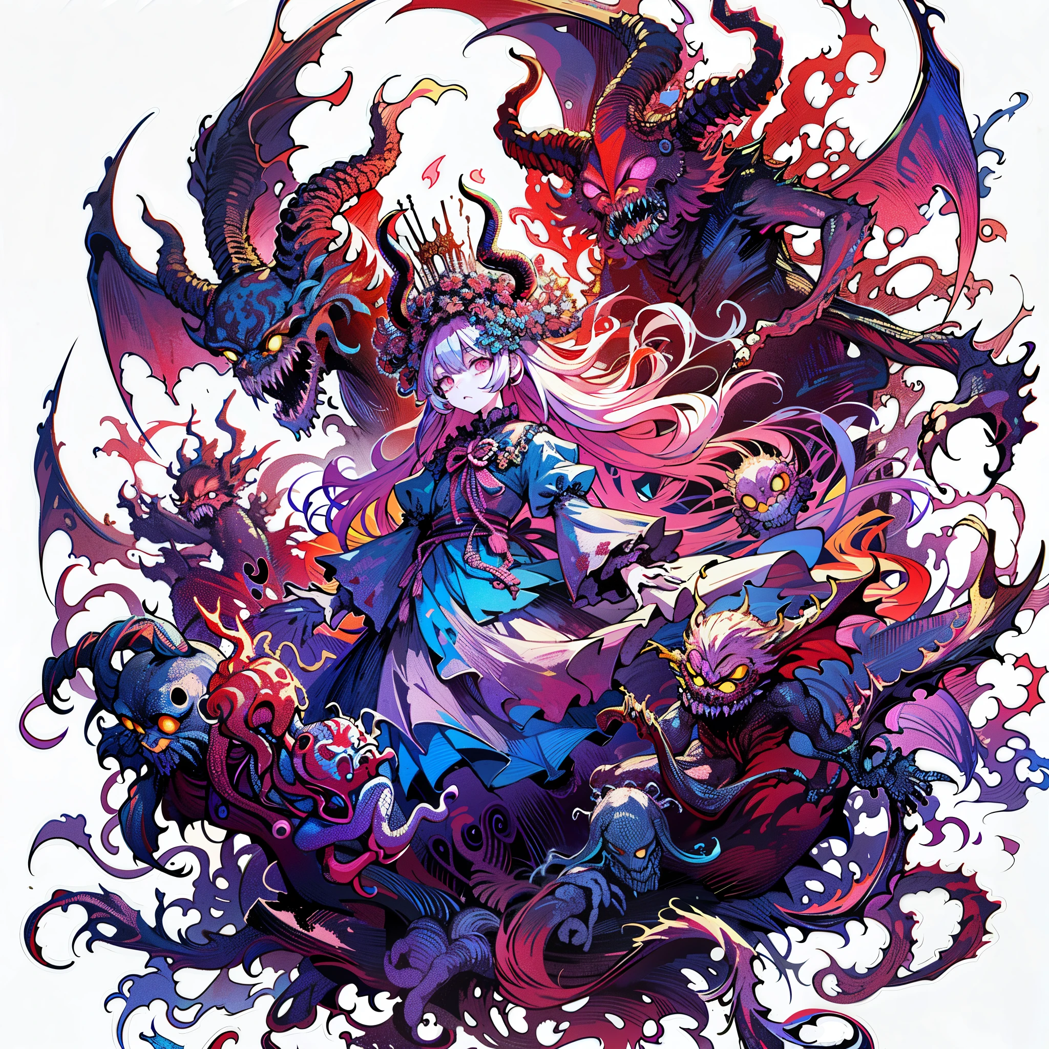 Masterpiece, best quality), ultra-detailed, anime style, full body of Chaos Demons, Eldritch creature, A strange servant, Shocking Colors, 8k high resolution, trending art station, white background, whole body,