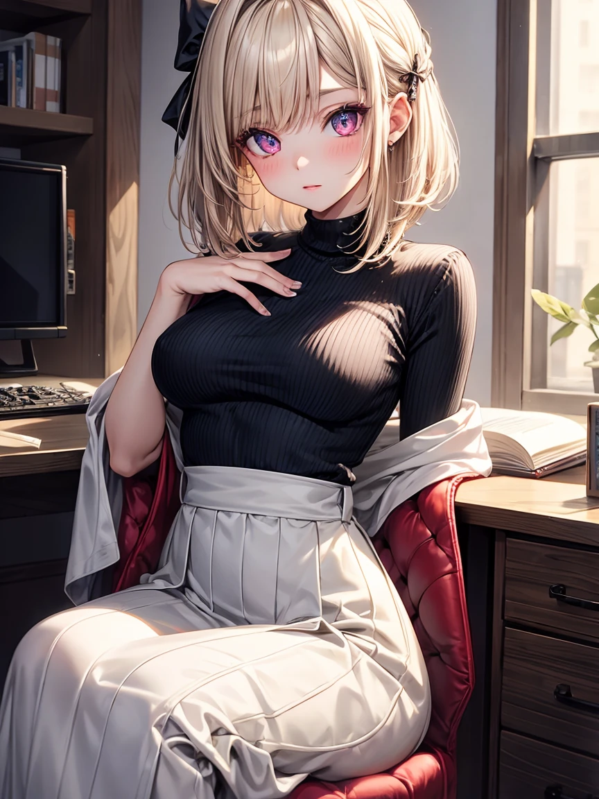 masterpiece, absurdres, best quality, ultra detailed, high Resolution, detailed illustration, extremely beautiful detailed face and eyes, bright colour, 1girl, (loli), cute face, Delicate beautiful face, magenta eyes, cute eyes, sparkling eyes, big eyes, medium breasts, (perky breasts:1.1), (pointy breasts:1.1), medium hips, glamorous body, white skin, surprise, BREAK, long bob cut, (blonde hair:0.8), messy hair, detailed hair, shiny hair, BREAK sweater, long skirt, tiny ribbon, working, computer, sitting chair, office, real world, natural lights, perfect lighting,