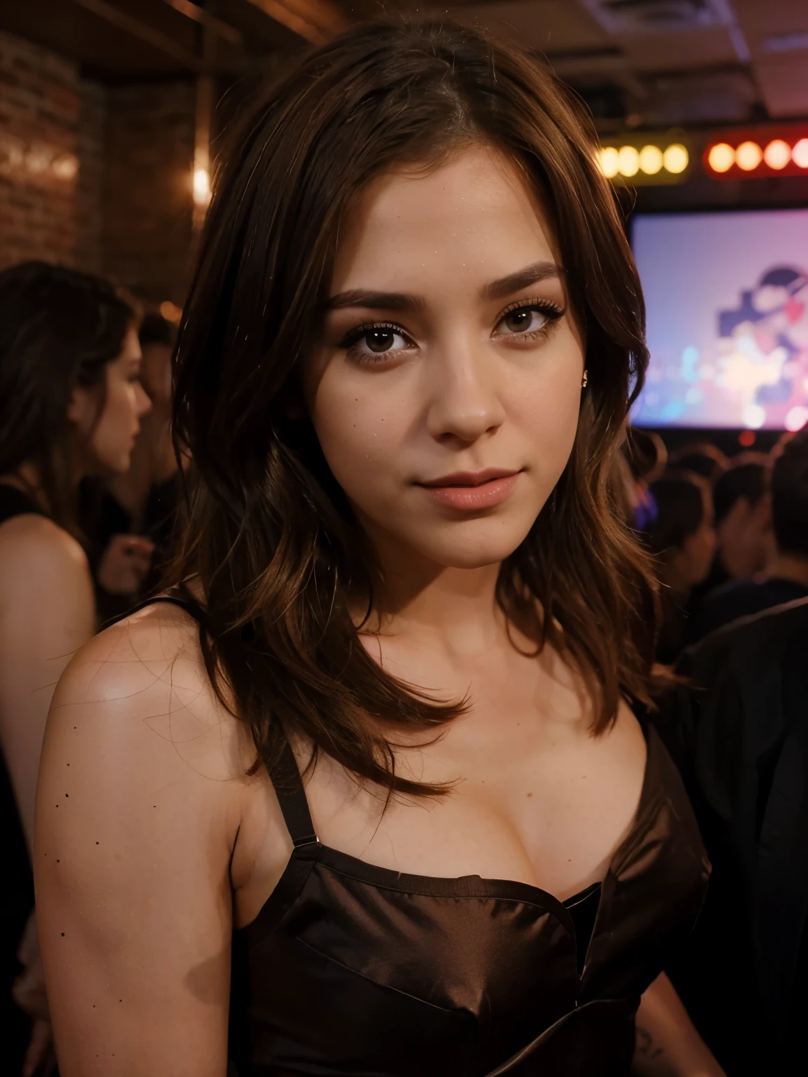 Chloe Monroe, brown hair, brown eyes, dressed for a party, at a club