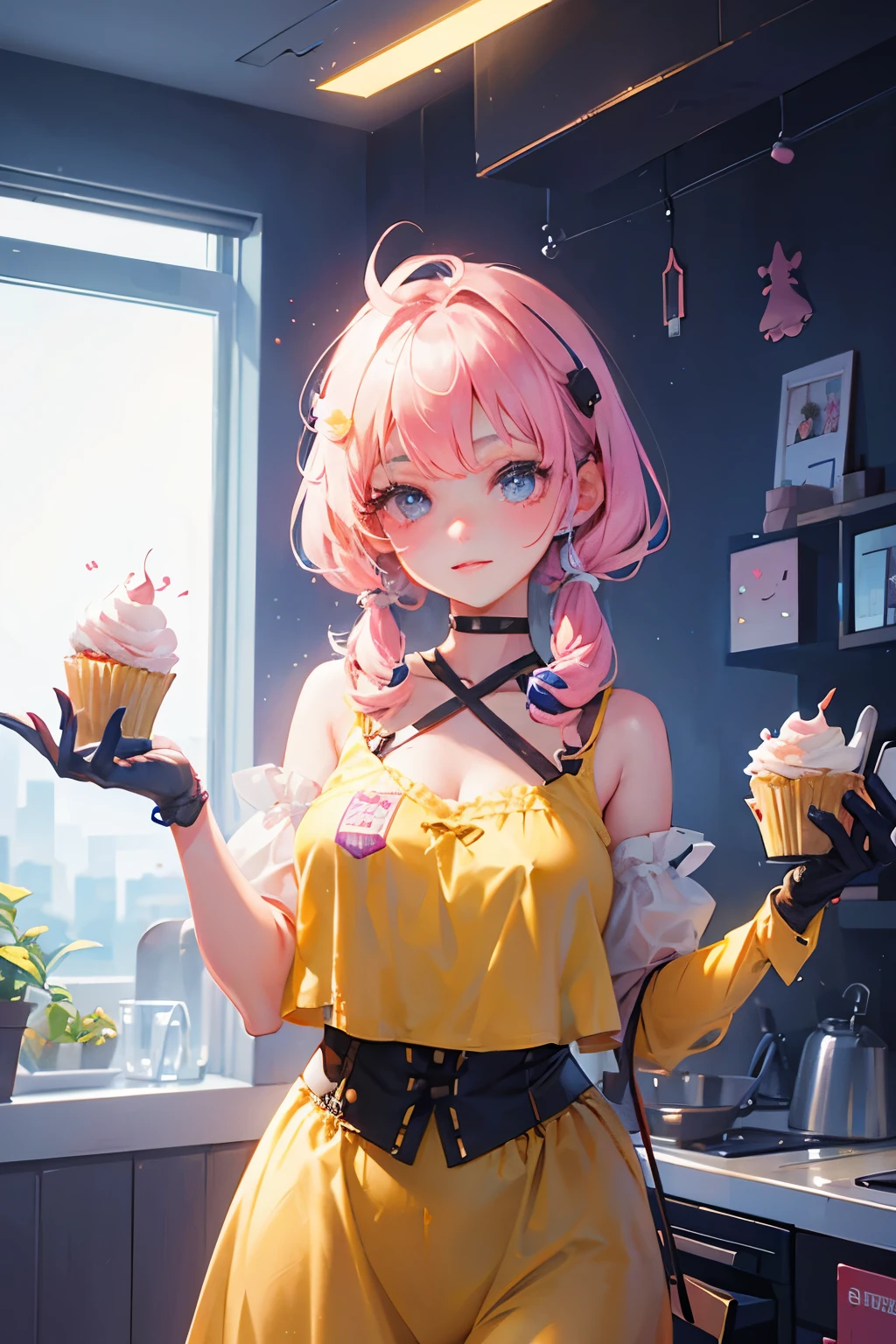 (illustratio:1.3)FNA chica half robotic chick, holding a cupcake,
