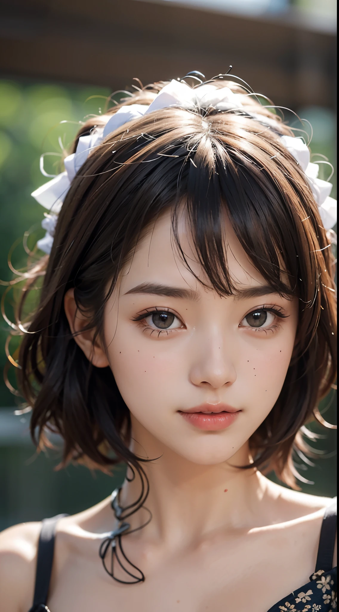 Best Quality, masutepiece, 超A high resolution, (Photorealistic:1.4), Raw photo, 1girl in, kｰpop idol, short-hair, Indoor, Summer noon,Detailed eyes,(realisticeyes),delicated face,realskin,detailed hairs,Detailed skin,Beautiful face,Smiling、((Beautiful hair ornament))、