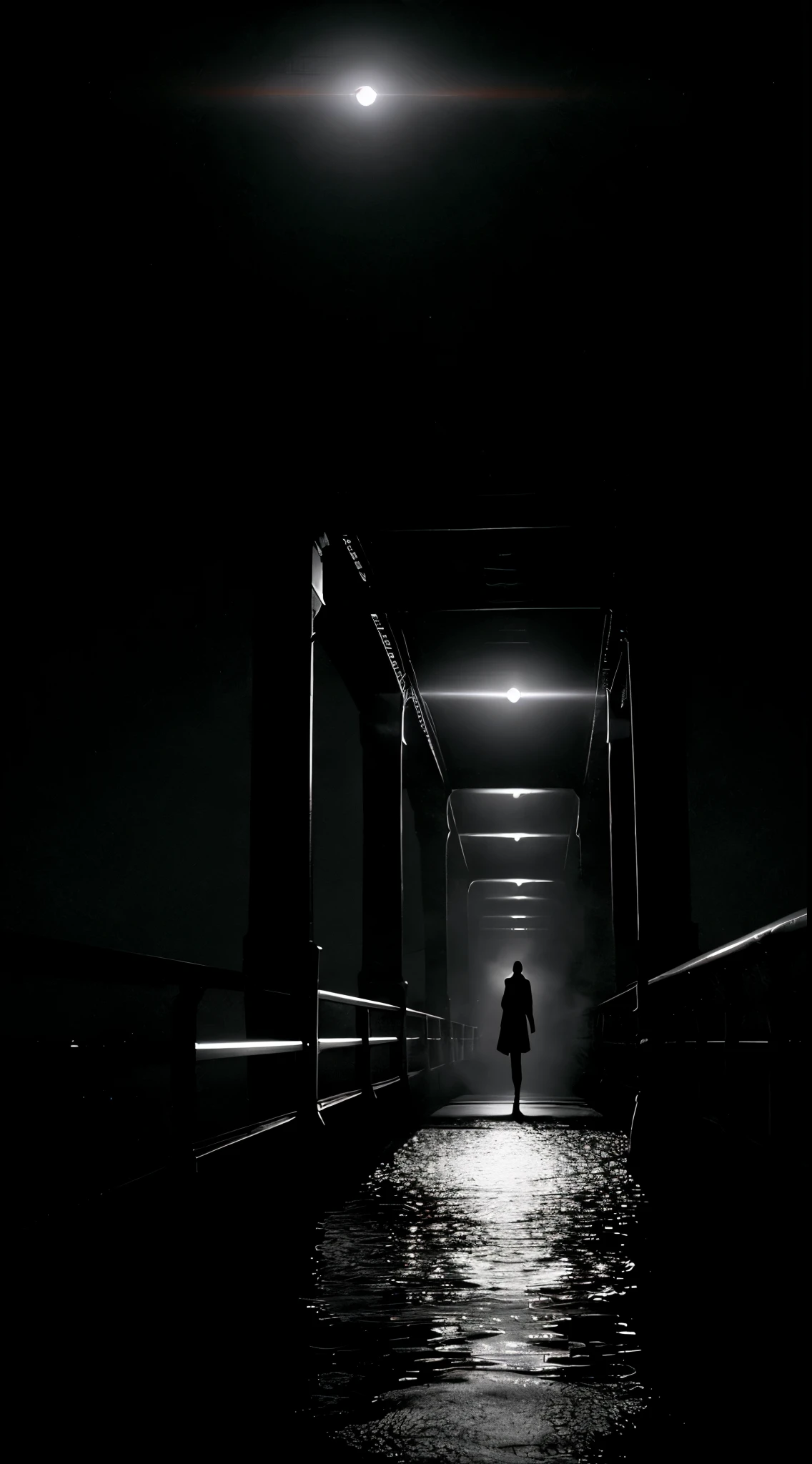 Picture an old, foggy bridge at night that captures the true essence of Neo-Noir, dramatically altered by chiaroscuro lighting, creating a scene of stark contrasts with deep shadows and vivid highlights. Envision a solitary figure leaning on the railing and a distant city skyline, embodying Neo-Noir. This chiaroscuro effect not only heightens the mood and suspense of Neo-Noir but also brings a dramatic, almost theatrical depth. This blend of light and shadow, combined with the murky waters below, forms an intriguing and timeless image, perfectly reflecting the genre's spirit.