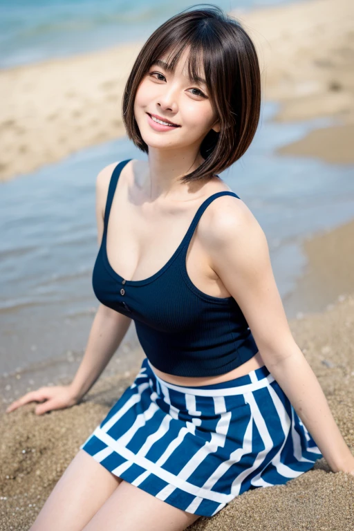 Innocent Japanese girl,High Teenager (Detailed body,the bust is small,are small,Constricted waist,big breasts thin waist,Larger hips,Thick thighs) (detailed photo composition,sand beachに背を伸ばして立っている,FULL BODYSHOT,full body shot,Shot straight ahead,Standing,I'm looking down) (A detailed face,elongated facial contour,a little bit smile,Sharp cheeks,Round chin,neat nose) (A detailed eye,Looking at the camera,skinny cheeks,Round chin,Slender eyes,Beautiful eyes,Dark blue eyes) (Detailed hair,Bob cut hair,a little brown hair) (detailed costume,horizontal striped tank top,horizontal striped mini skirt) (Detailed shooting location,beach,sand beach)