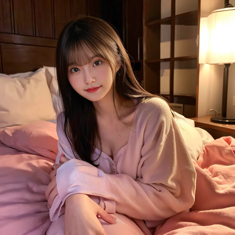 （ultra-detailliert、8k、Raw photo）、a girl solo、Night、Sleeping on the bed、warm light lamp、s Pajamas、real looking skin、Look off、Red cheeks、relaxed expression、valley