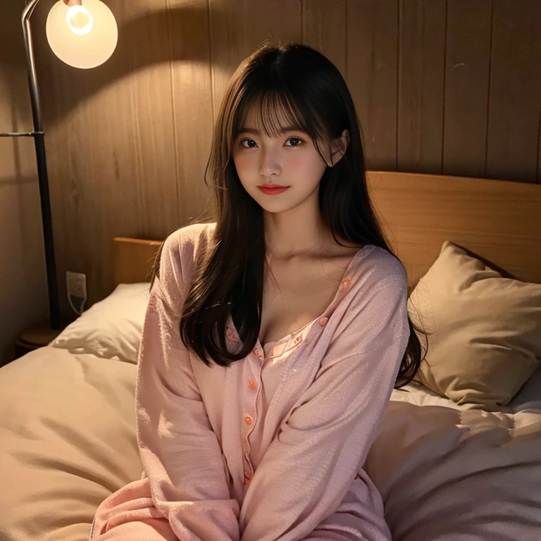（ultra-detailliert、8k、Raw photo）、a girl solo、Night、Sleeping on the bed、warm light lamp、s Pajamas、real looking skin、Look off、Red cheeks、relaxed expression、valley