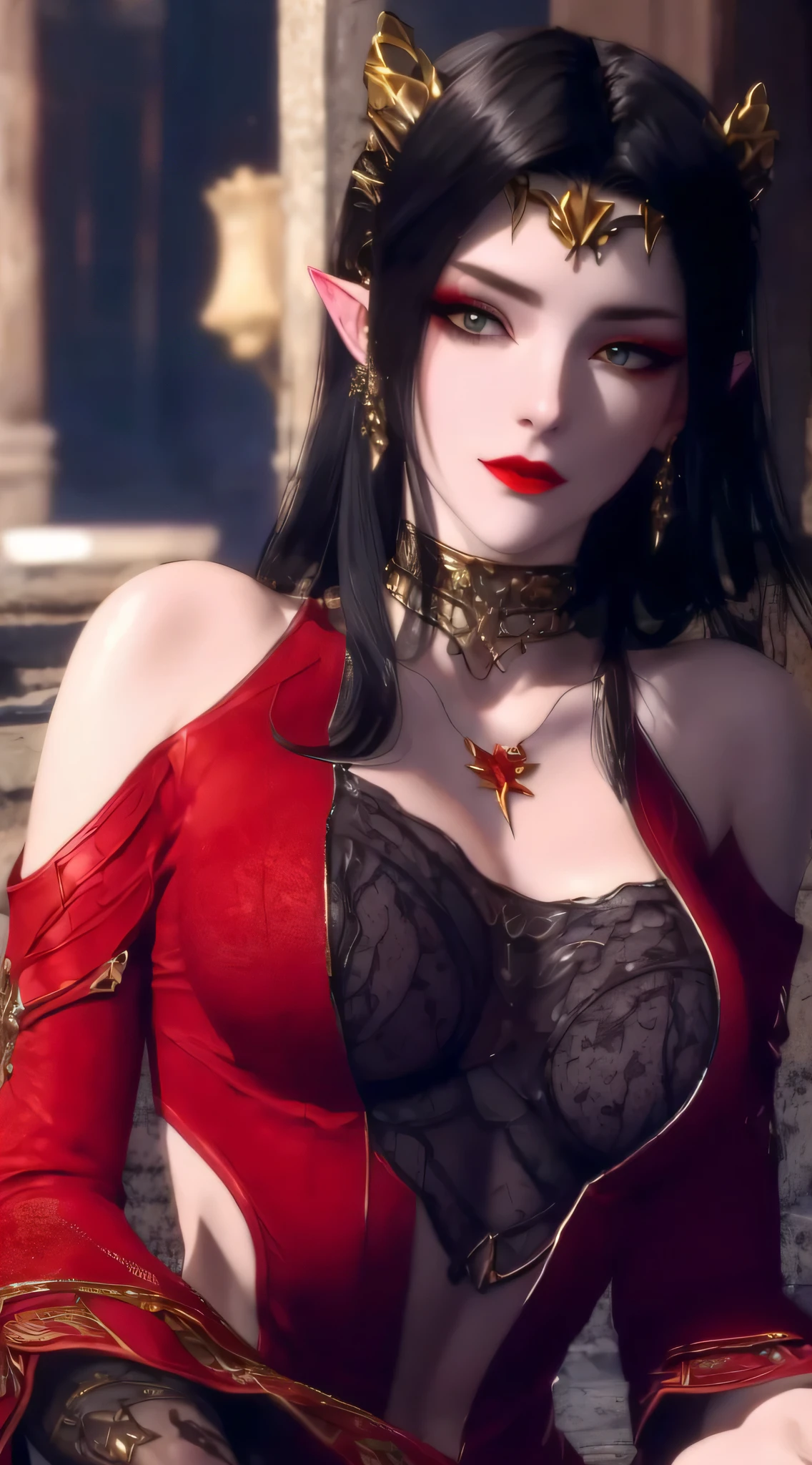 (((hair adornments,jewely,pointy ears,Long gray hair,Clothing cutting,ear nipple ring,Straight dress,红色shift dresserown hair,looking at viewert,navel,black color hair,blacksilk,blacksilk,ear nipple ring,jewely,鎖骨,Redlip,(White-colored skin),(((MDS))),(((Wide hips)))S-shaped body:1.7))),((tmasterpiece)),A high resolution, ((Best quality at best)),tmasterpiece,quality,Best quality,((( exquisite facial features,looking at viewert,There is light in the eyes,Smilingly,self-assured ))),(((Light and shadow interlace,Huge big breasts))),(((1 Sister, dynamicposes, 1 girl, (complete figure:0.9), own,Human body silhouette, ((good body)),Girl posing for photo,24 years old female model,perfect foot、have perfect arms,Place your hands behind your back))))