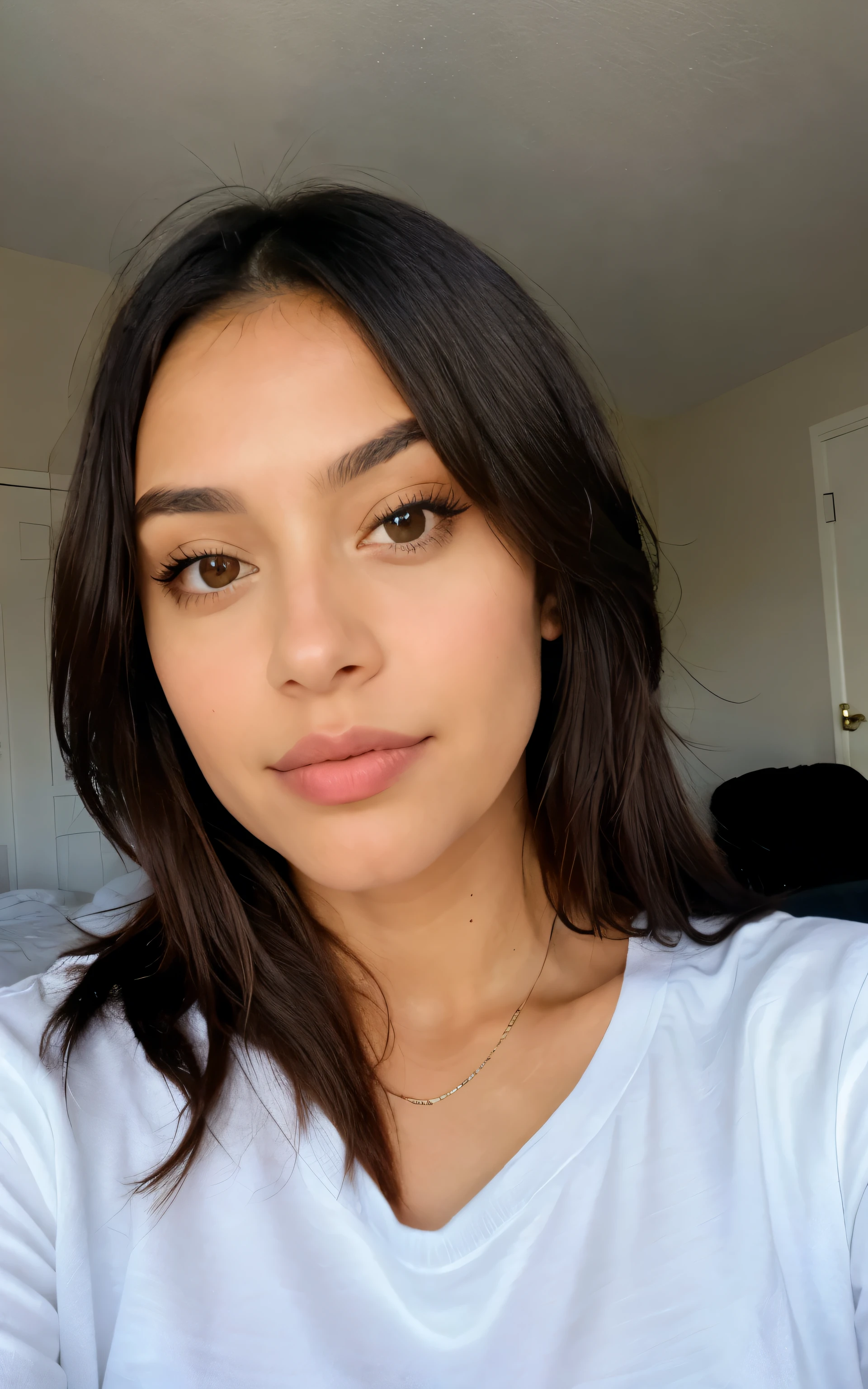 hispanic, 1 femme, dark Hair, dark brown eyes, top, Chambre, Selfie messy hair, looking at camera, white shirt with stars