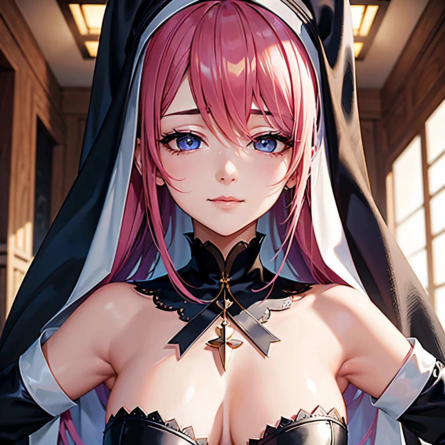 ​masterpiece，((top-quality)),8k wallpaper,((Female 1))，Pink hair，pink thin eyebrows，((smirk))，(((closed eye:1.5)))，Pink cheeks，((very detailed facial details)),Transcendent Beautiful Girl，Cultivated woman，((Dressed in a purple nun&#39;s costume))，Wearing a purple top with white frills on the collar，golden cross necklace，Good cosplay，Lift up the clothes you are wearing，穿いているBlack lace pantiesを披露，Black lace panties，Angle from below，up close shot，Bite，Italian Models，Clarice di Lanza from Arcana Heart 2，Clarice di Lanza cosplay，flirty anime woman，魅惑的なCultivated woman，The background is a chapel，natta，Candlelight，The light of a candle illuminates her