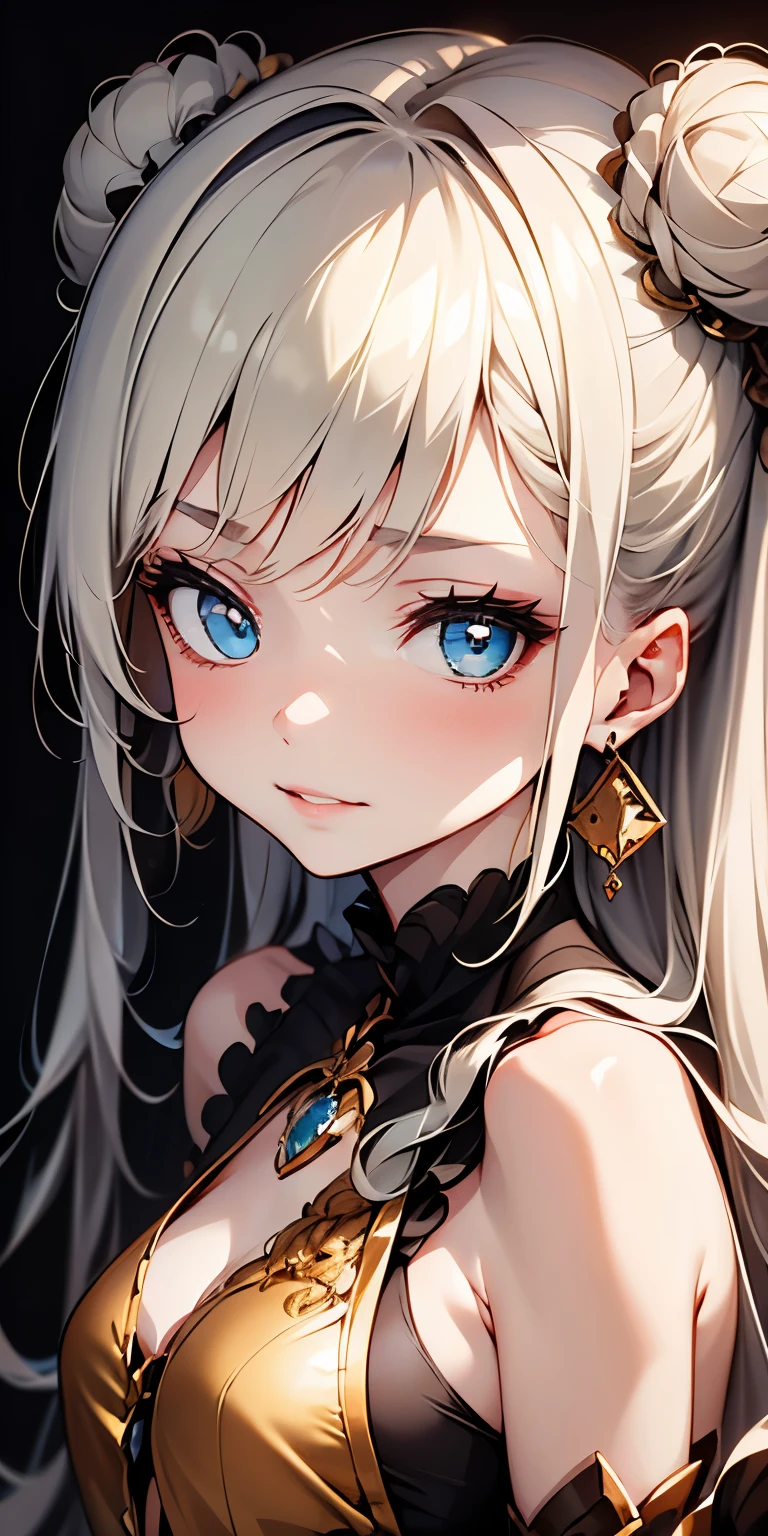 Cute Girl, (ash blond hair), ((very bun hair)), Perfect face, Innocent smile, Upper body,(Cerulean Eyes), (Yan), (Petite), (slender), ((flat chest)), ((16 only)), Skindentation, Extreme Detail, charming oval face, Red lips, Pink, Glossy skin, detailed hairs, Face Focus, Close-up chest, Luxurious hair ornaments, Gold Earrings, ((1 girl)), Embarrassed expression,