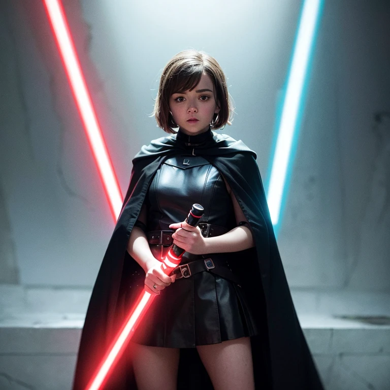 Maisie Williams, she is a Sith, dressed in a black cloak, holding a red lightsaber in her right hand.