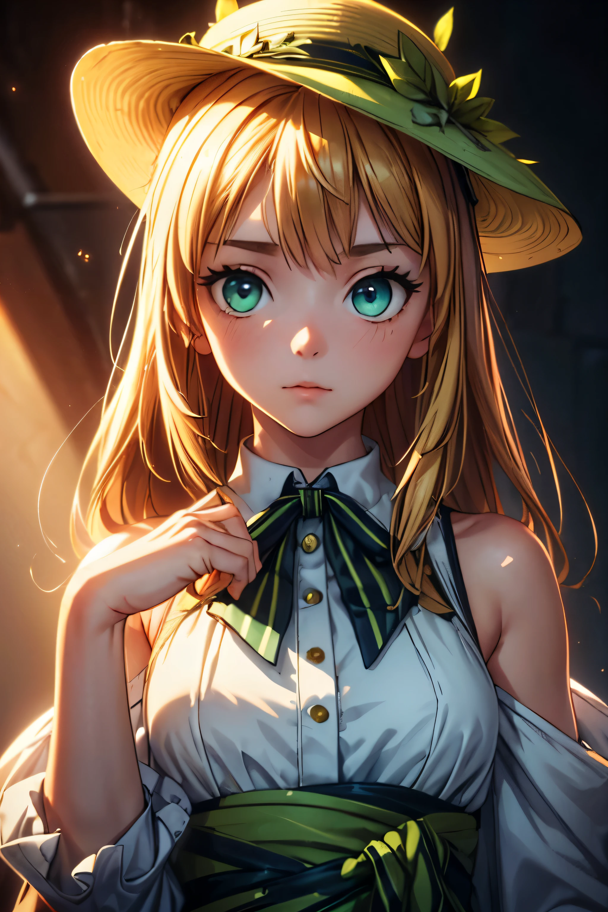 (One girl、Dressed in a dress and hat, girls' frontline, Midsummer themed costumes, multilayered outfit,Dressed, Mid summer、Soio、Top image quality, Transverse conveying，Half-length picture，largeeyes，eye closeup，（with short golden hair），（Green eyes），hair scrunchie，small thighest qualtiy， （stocklings，Elaborate Eyes, head looking up，Reasonable body structure，Young，Extremely detailed face, Perfect lighting, Extremely detailed CG, (Perfect hands, Perfect anatomy)