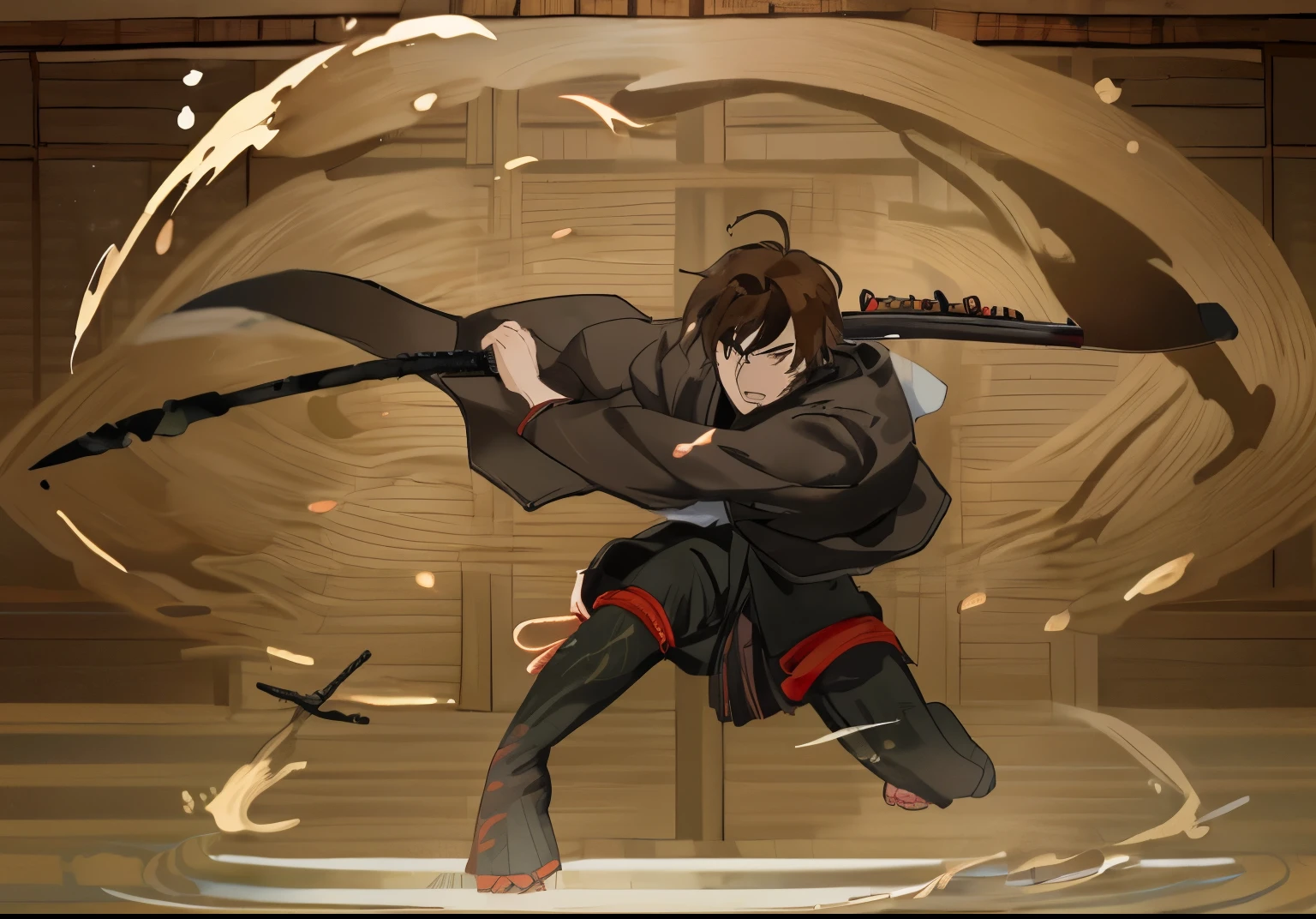 Craft a manga-style scene where two boys clash katanas in a Japanese dojo. The atmosphere is intense, with motion lines emphasizing the speed of their movements. Boy 1 (16): Messy black hair, determined, executing a swift slash. Boy 2 (17): Wild brown hair, confident, gracefully dodging backward. Use speed lines to intensify the clash, and add a subtle aura to convey the energy. Background: Wooden doors, tatami mats, shoji screens with ripples. Illustration