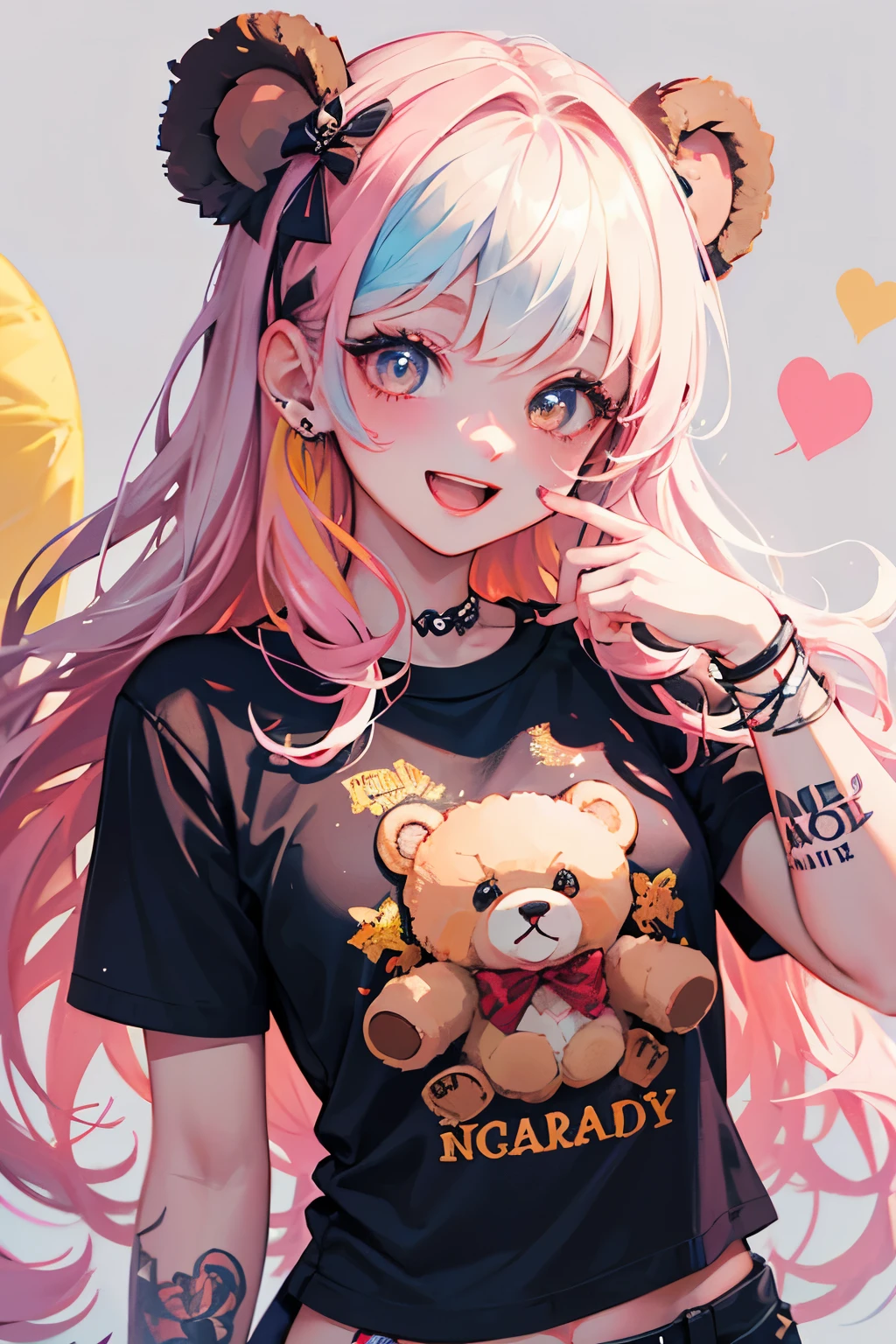 （illustratio：1.3）Teddy bear with girl smiling with open mouth,Painted with multicolored inks,Punk style,Innocent Teddy Bear,Radiant,Delicate,high-level image quality,