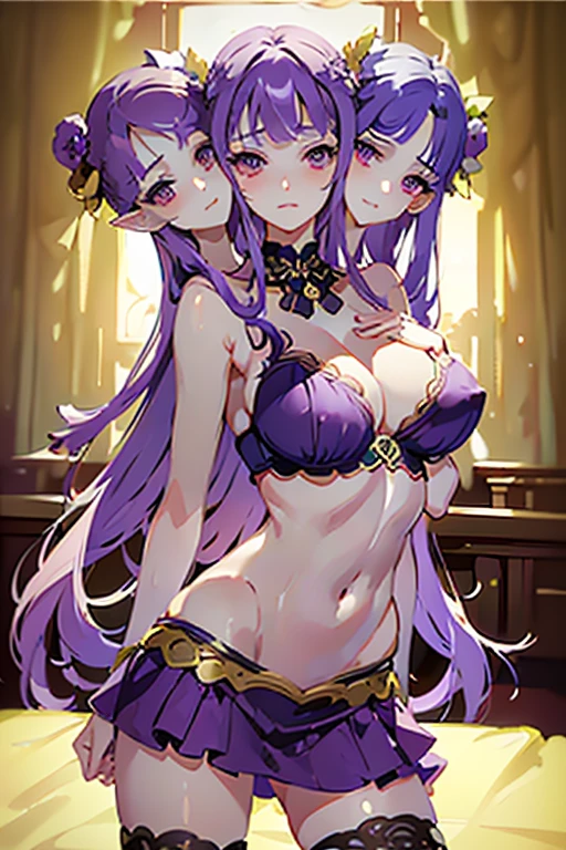 (masterpiece, best quality),best quality, (ultra-detailed), (4heads:1.4), 1girl, (patchouli knowledge:1.3), masterpiece, best quality, violet top, crop top, ((stomach)), midriff, ((groin)), violet skirt, normal ears, shackles, purple hair, very long hair, wavy hair, sidelocks, purple eyes, parted lips, single horn, sweat, cute, toned belly, hand on own chest, eyelashes, (22 year old woman:1.3), (masterpiece:1.4), (best quality:1.4), (beautiful detailed eyetremely detailed CG, extremely delicate and beautiful, depth of field, (finely detailed face), (perfect details:1.0), (mature female:1.3), wide pelvis, slender, large veiny breast, 8k resolution, high quality, high definition, extremely detailed, masterpiece, best quality, purple hair, long hair, alluring presence, braid, short skirt, close up, big tits, young