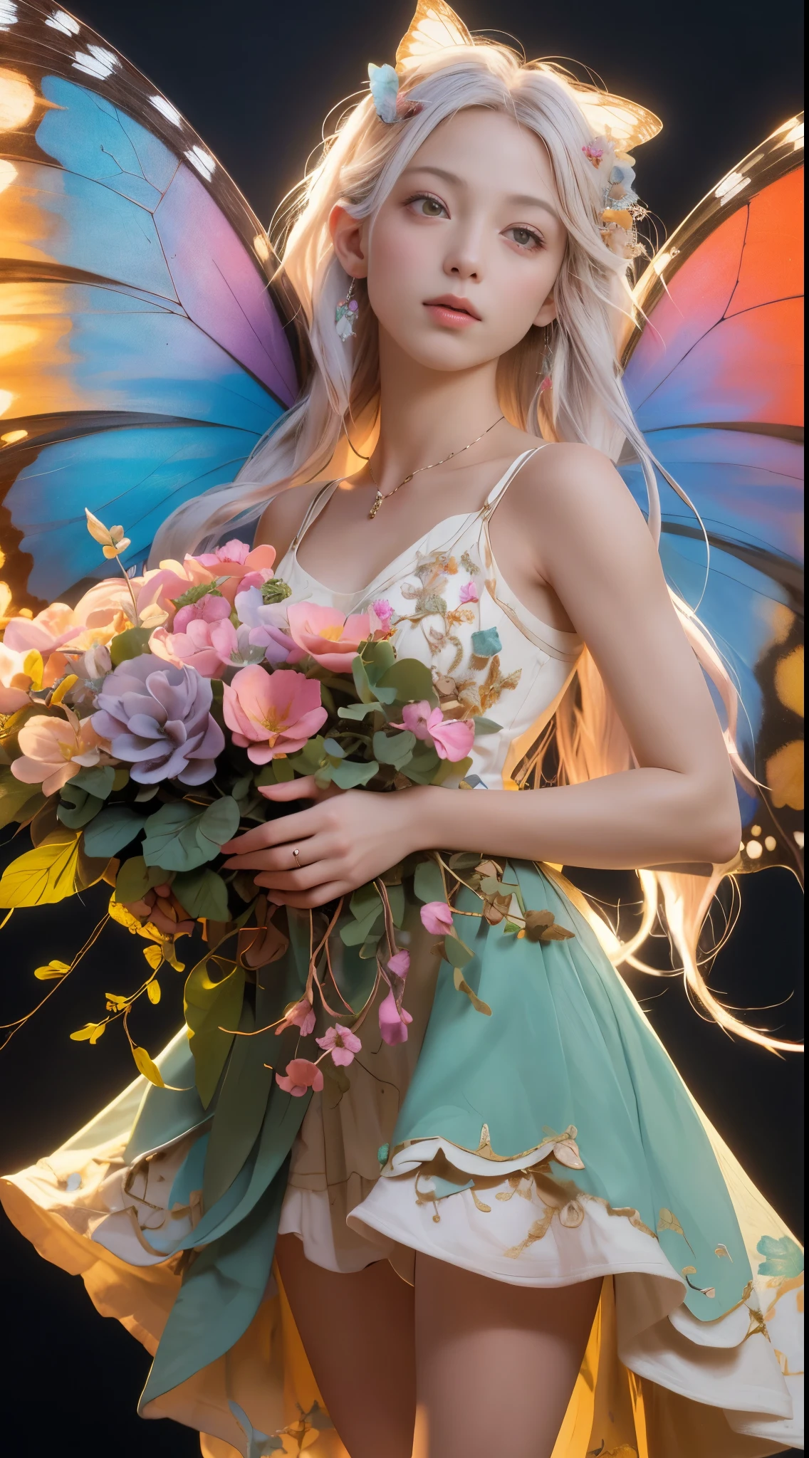 (in 8K，Raw photo，top-quality，超A high resolution，​masterpiece：1.2)，(Photorealsitic：1.37)，Holy Light Butterfly Angel Girl，Butterfly wings，chest shoot tink，In the style of rococo pastel colors，Light white and light red，Incredibly beautiful，SakuraNS，Reflection of sparkling water，combine，flowing，hyper realisitc，painting of a，Atesa Burda，stock photograph，Mixed reality and fantasy elements，Ray traching，Complex pattern，Delicate line art，beautiful pressed crystal needles