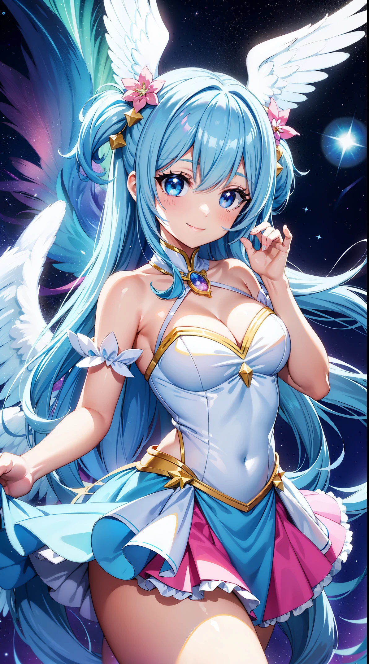 Super Idol　a beauty girl　A charming smile　sky blue hair　length hair　Twin-tailed　Glittery bright pink and white and blue and yellow outfit　facing front　Angel wings on background　Mystical　Fantasia　constellation　a moon　Crystal Brilliance　Aurora Borealis in the Night Sky