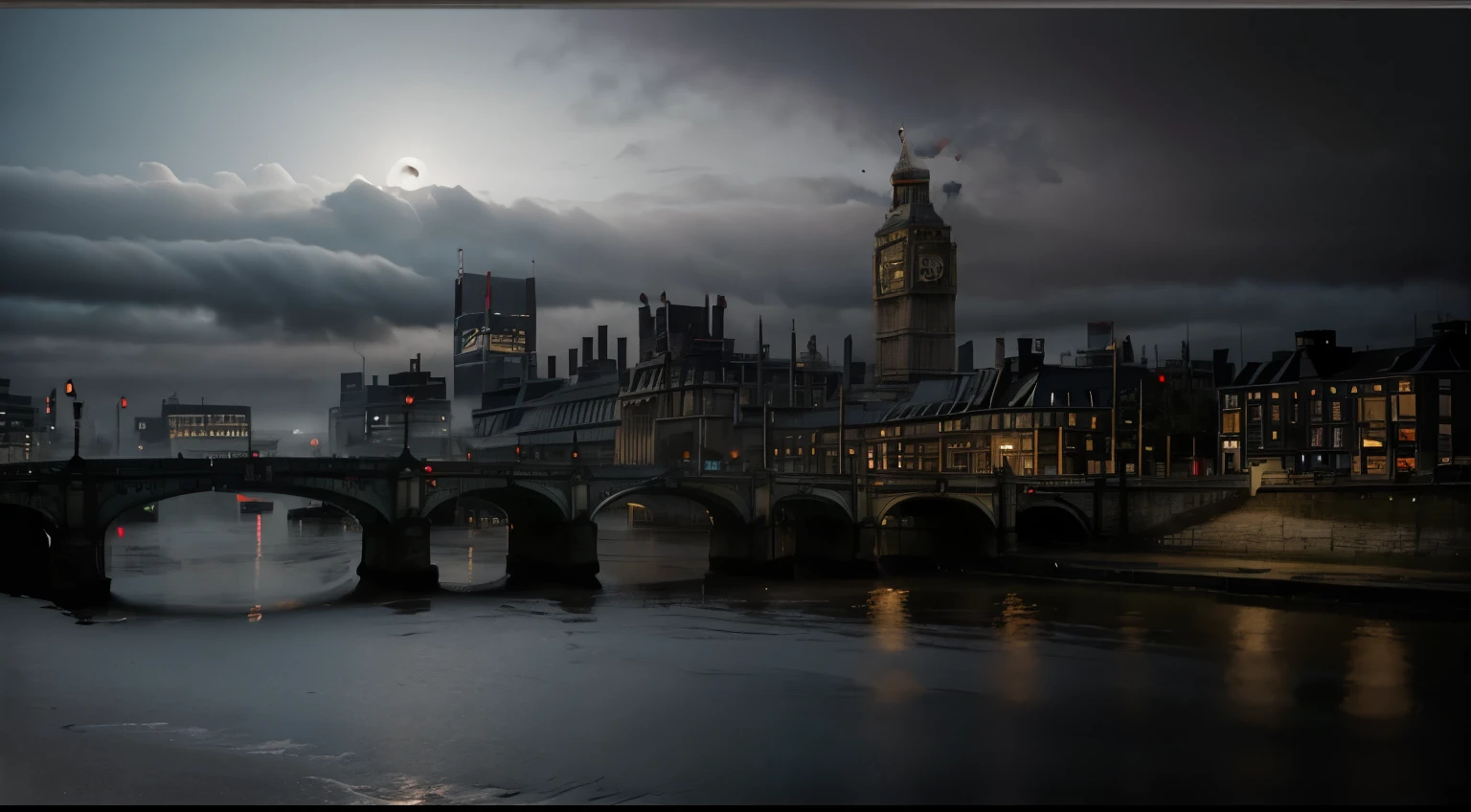 Dark Vibe painting of london city in foggy morning with classic bulding and classic outfit of some people
