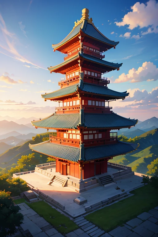 Buildings view with sky background and sun, a temple background, Mysterious temple setting, 禅宗a temple background, background depicting a temple, anime scene, dojo on a mountain, anime backgrounds, Anime beautiful peaceful scene, japanese feudal background, 《Kola Legend》poser, japanese temples, Anime landscapes, japanese temples, Opening scene, Ehime